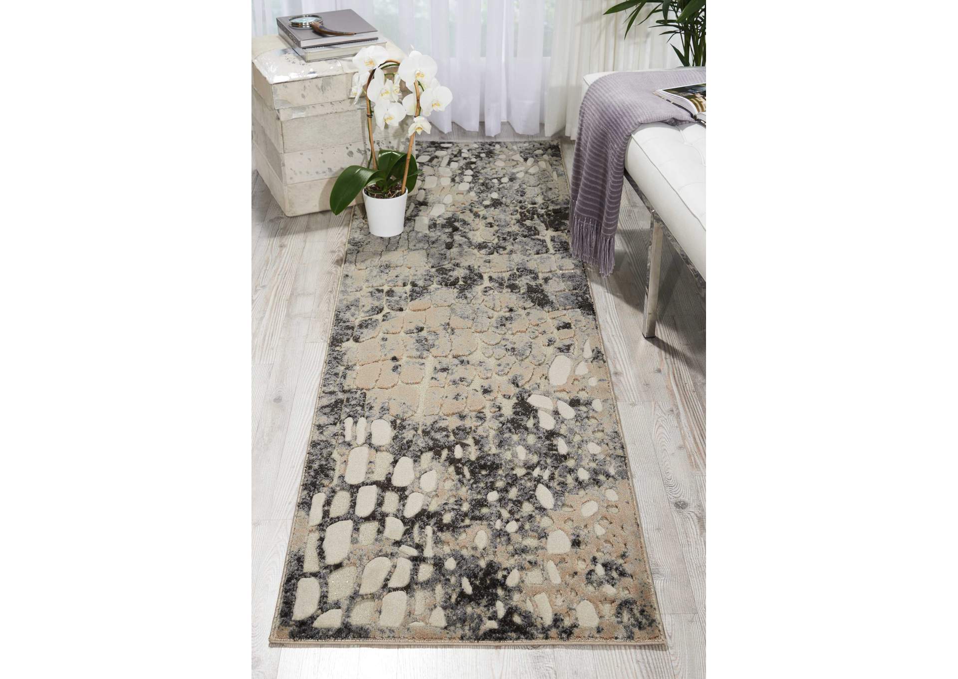 Michael Amini Gleam MA604 White and Grey 8' Runner Hallway Rug,Nourison