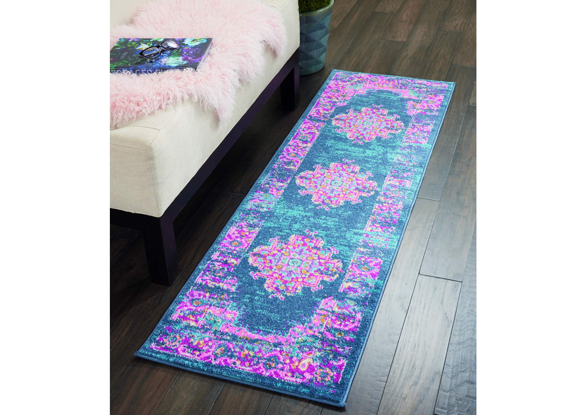 Nourison Passion PSN03 Blue and Pink 6' Runner Hallway Rug,Nourison