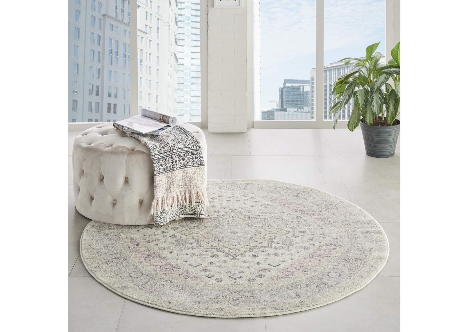 Nourison Tranquil TRA06 Pink and Beige 5' Round Kashan Area Rug,Nourison