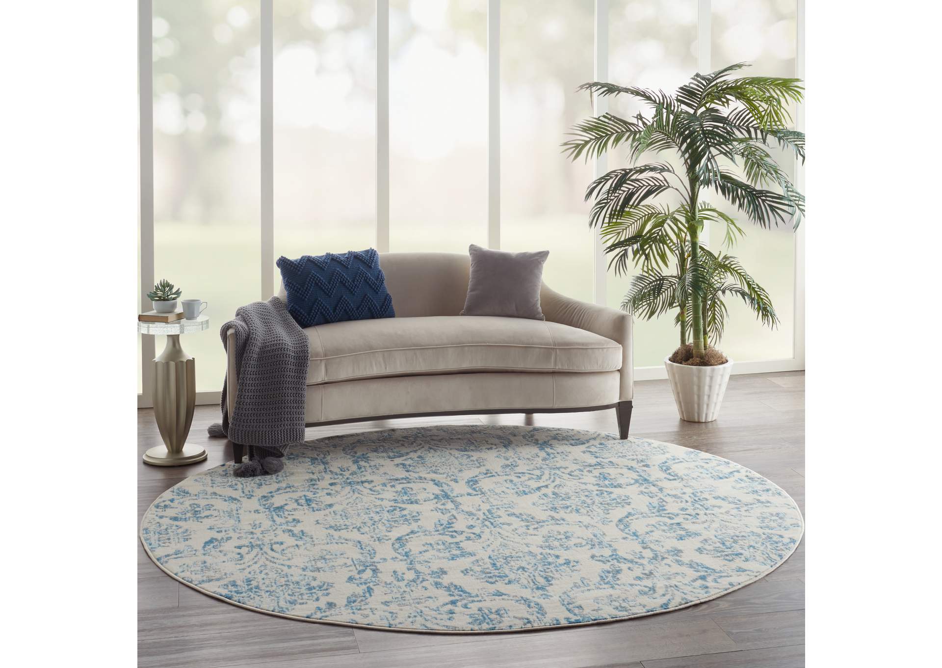 Nourison Jubilant 8' Round White and Blue Area Rug,Nourison