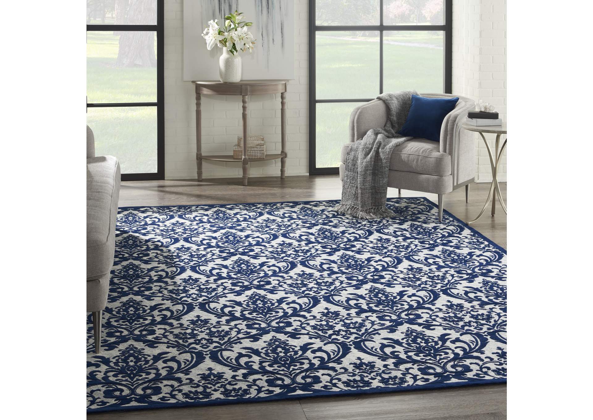 Nourison Damask DAS02 Dark Blue and White 8'x10' Large Flat Rug,Nourison