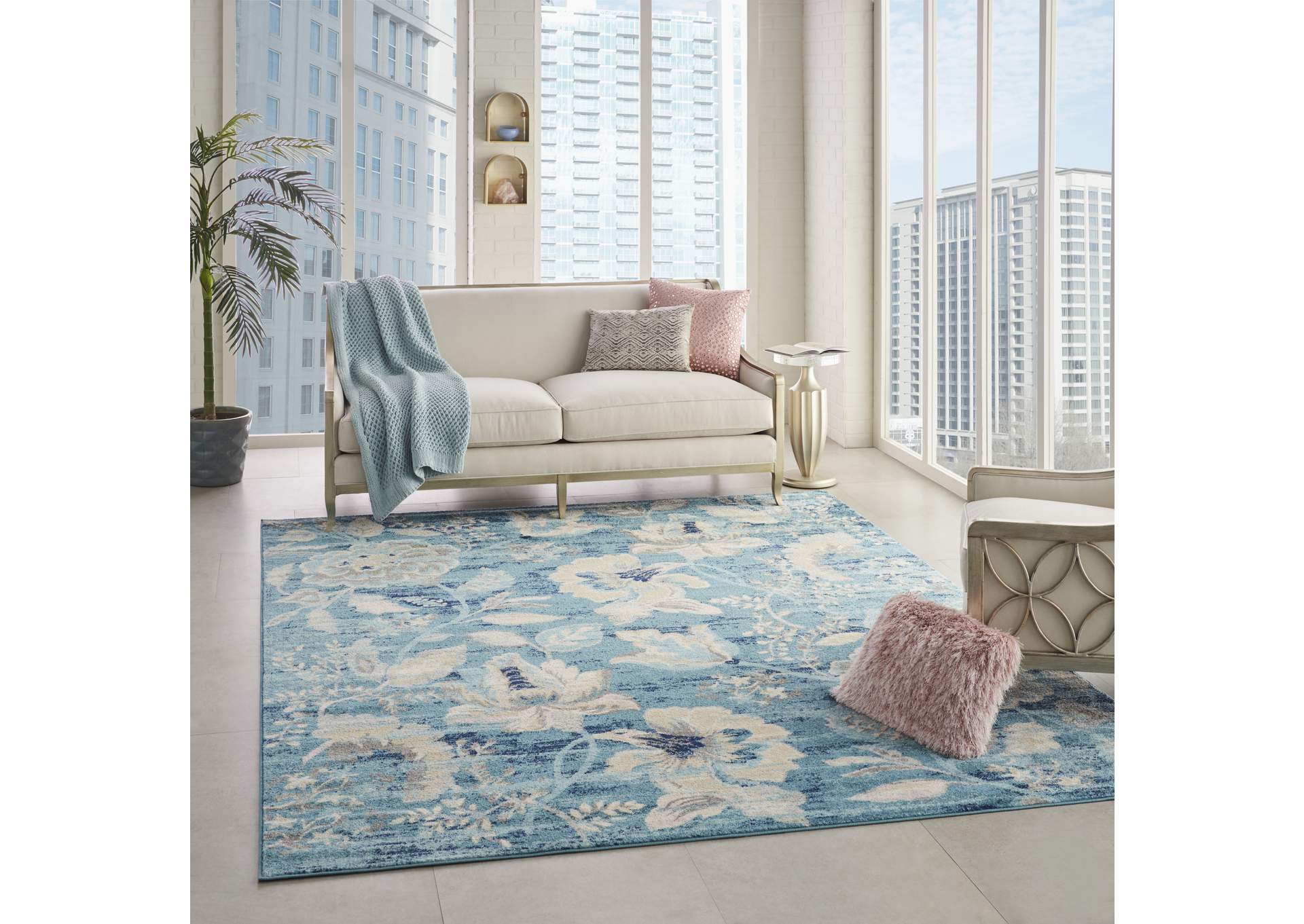 Nourison Tranquil TRA02 Turquoise Blue and White 9'x12' Oversized Rug,Nourison