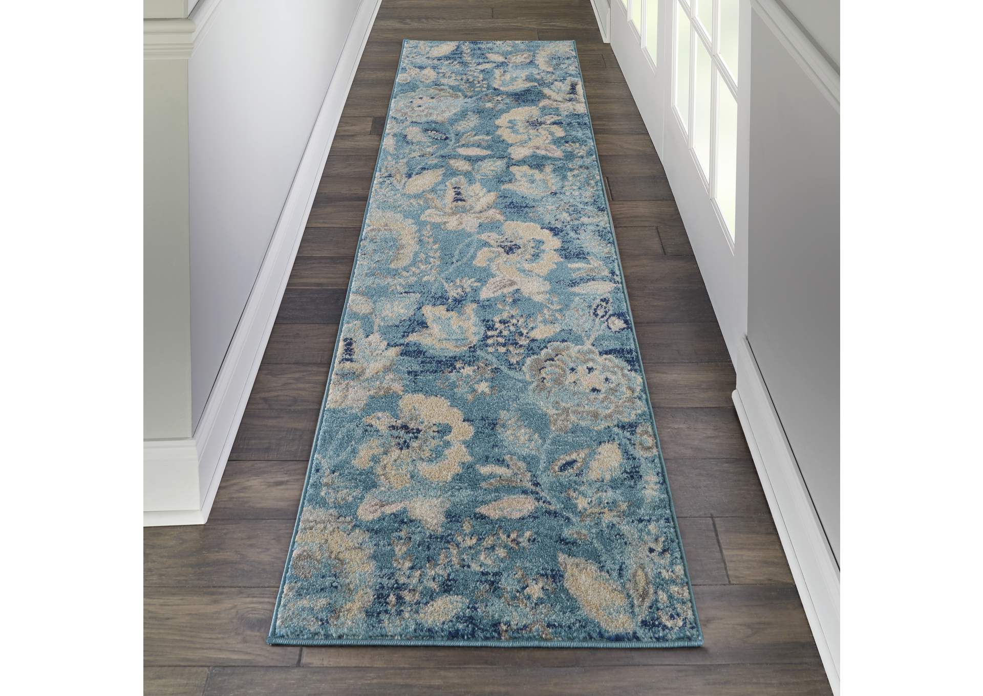 Nourison Tranquil TRA02 Turquoise Blue and White 7' Runner Hallway Rug,Nourison