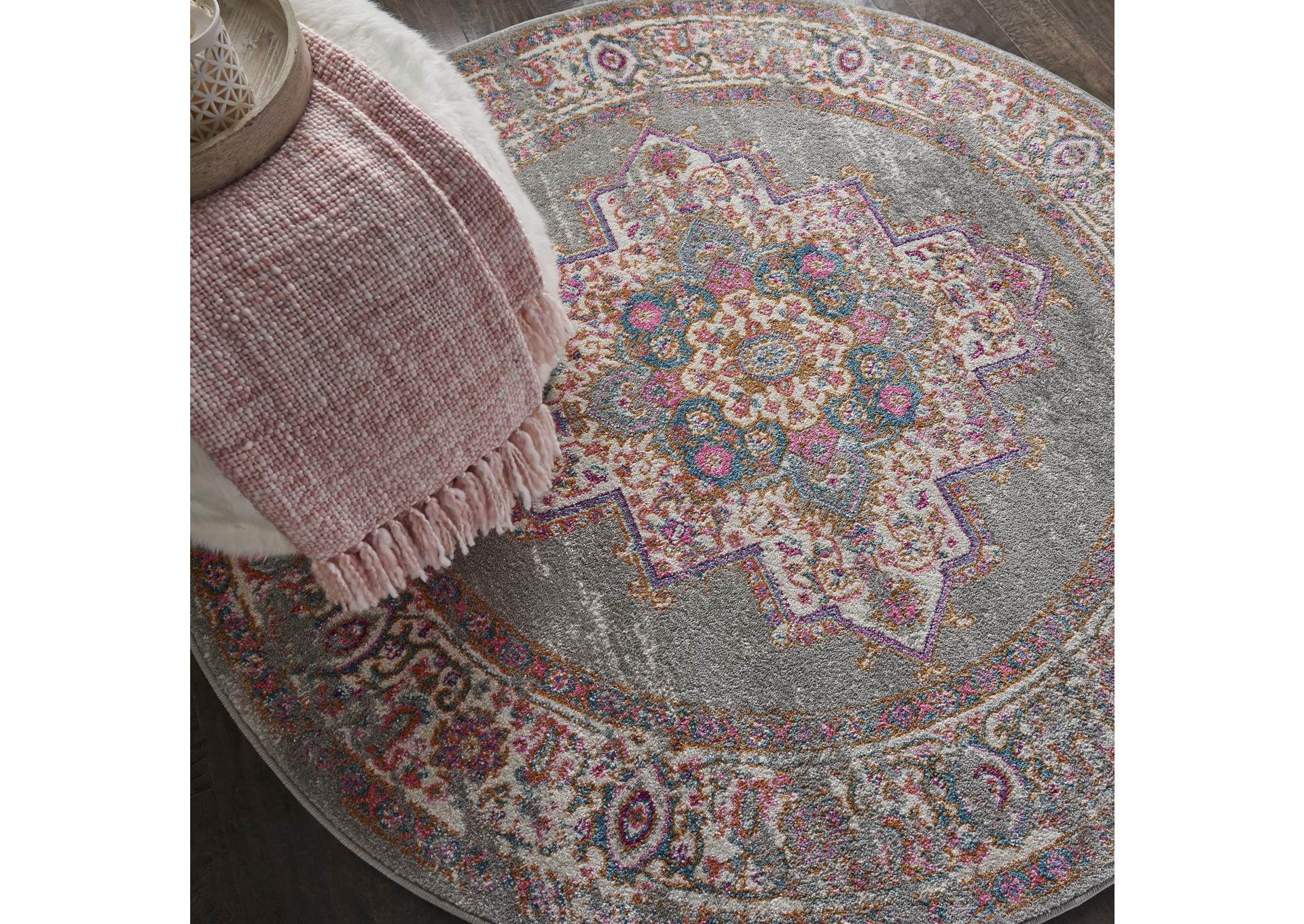 Nourison Passion PSN03 Grey 4' Round Vintage Area Rug,Nourison