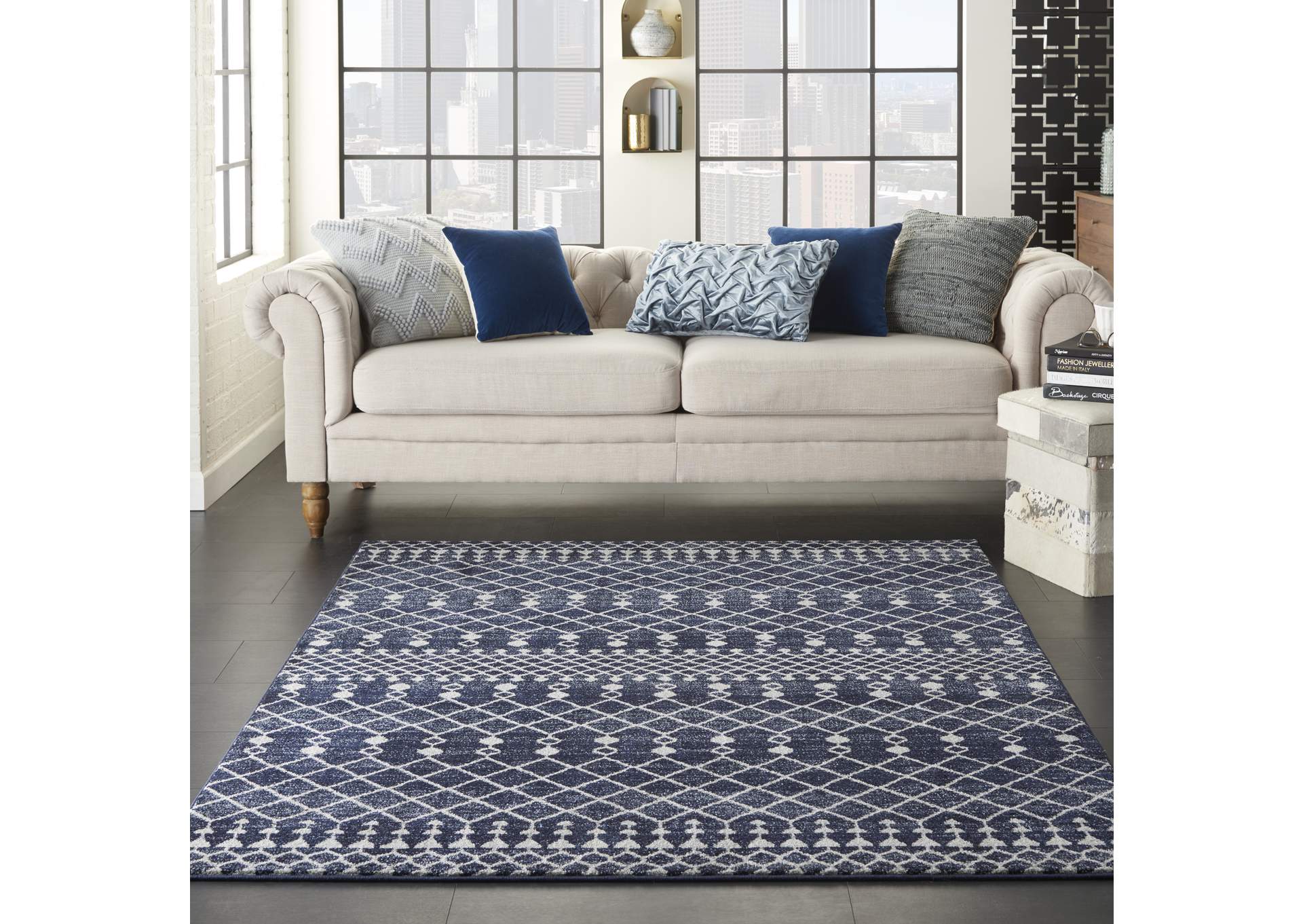 Nourison Palermo 3' x 5' Navy and Grey Distressed Bohemian Area Rug,Nourison