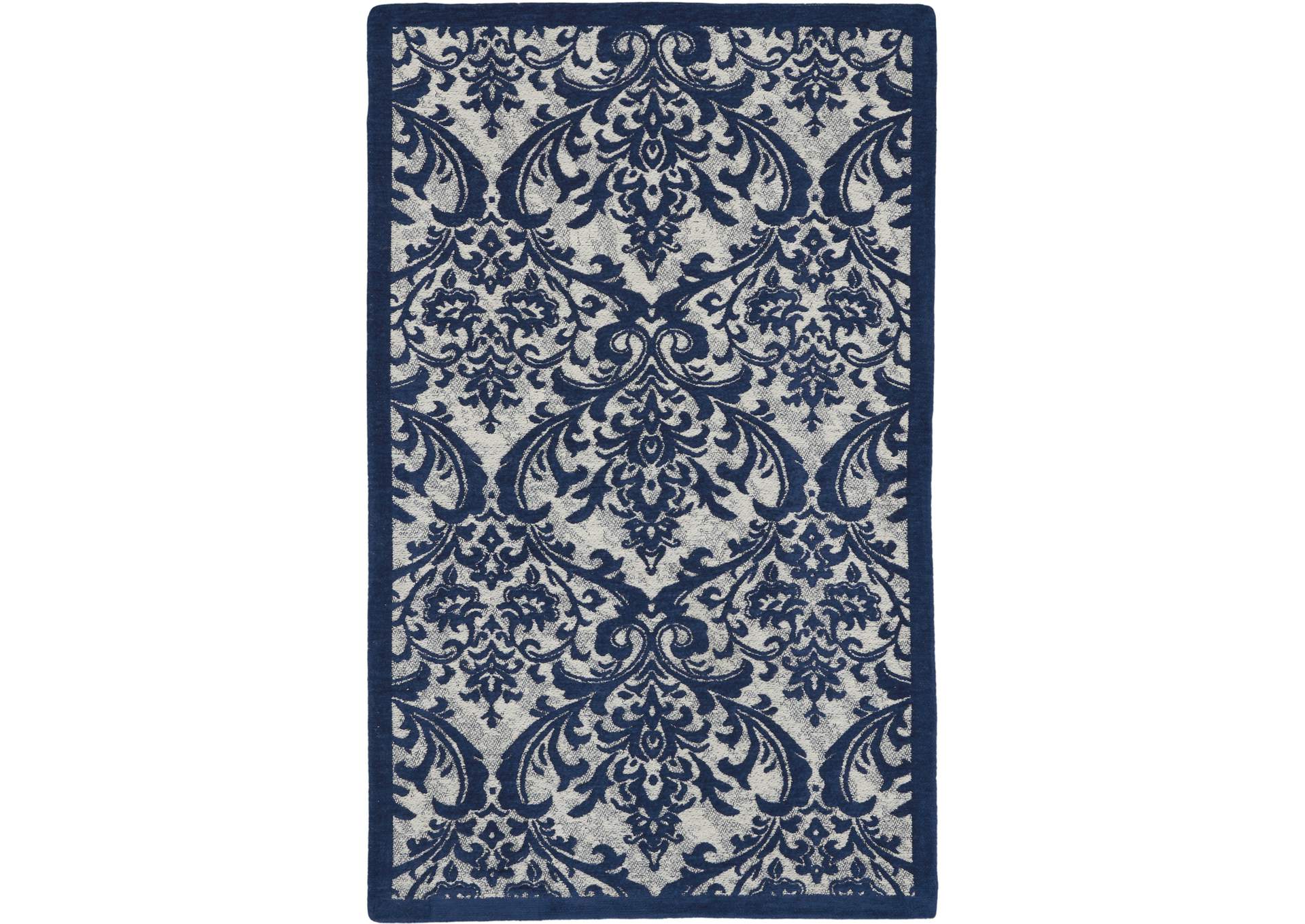 Nourison Damask 2' X 4' Dark Blue and White Vintage Area Rug,Nourison