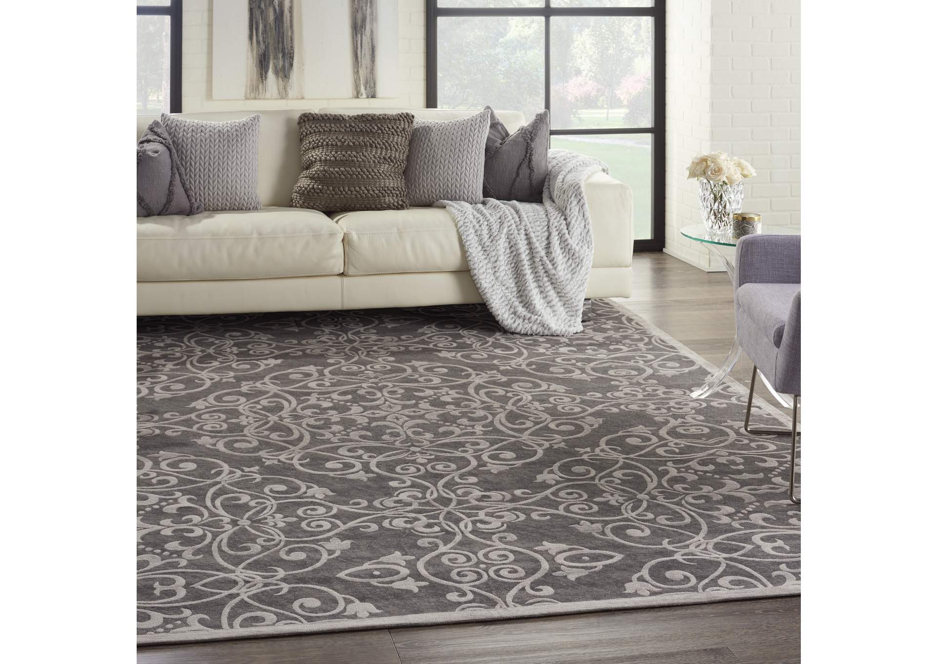 Nourison Damask DAS01 Grey 8'x10' Large Flat Rug,Nourison