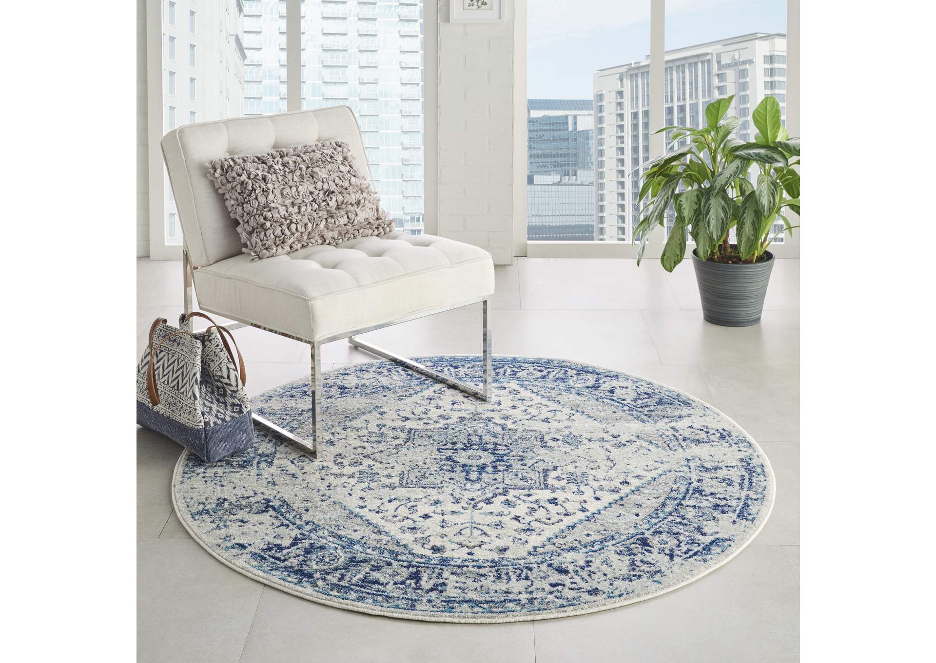 Nourison Tranquil TRA06 Navy Blue and White 5' Round Persian Area Rug,Nourison