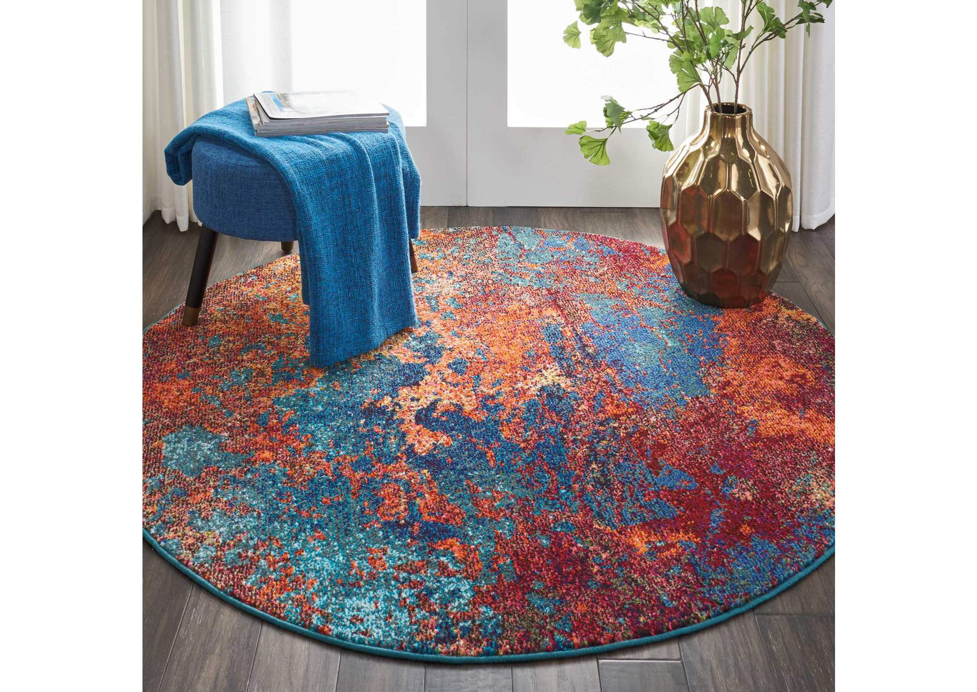 Nourison Celestial CES08 Blue and Red 5' Round Colorful Area Rug,Nourison