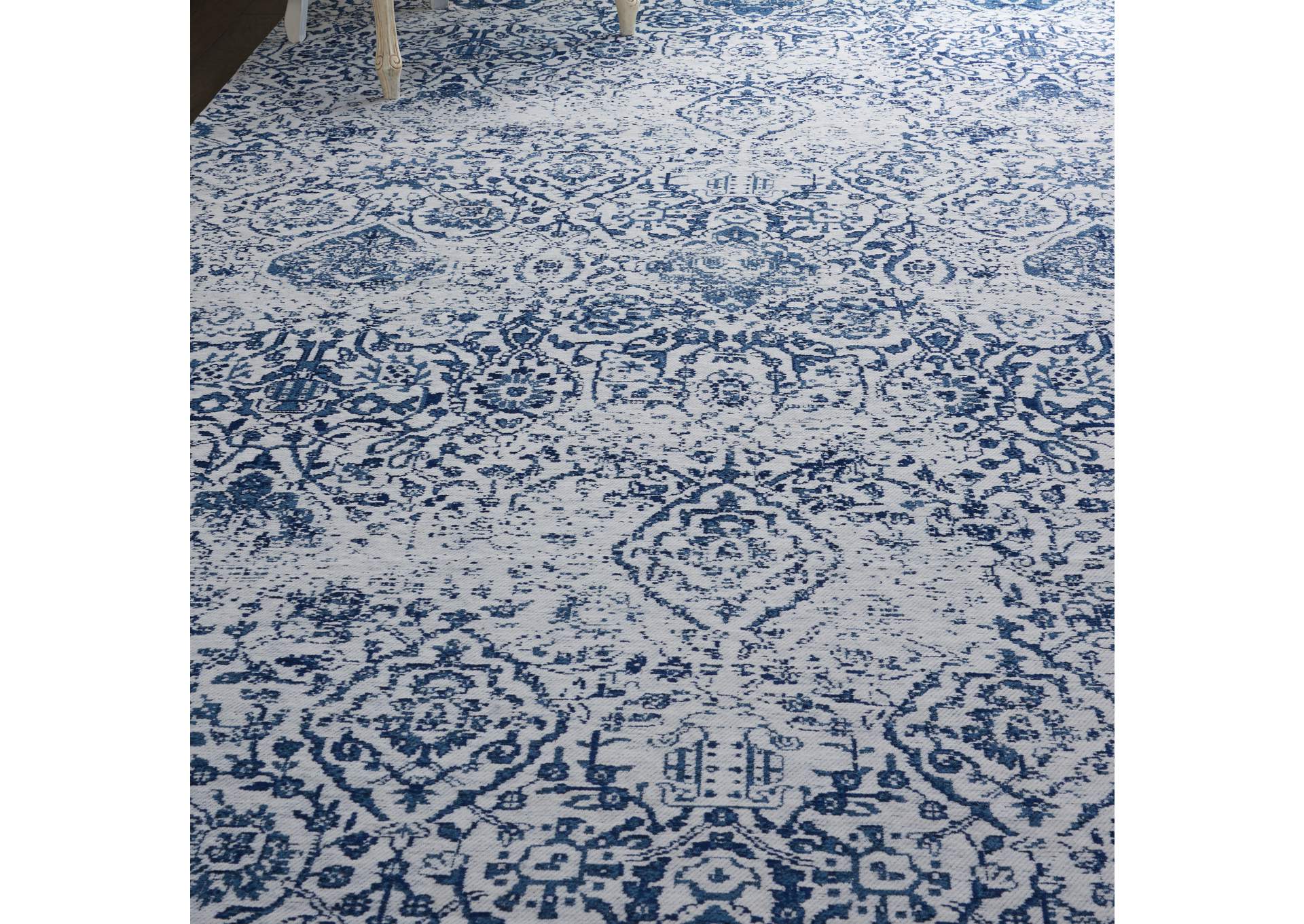 Nourison Damask DAS06 Dark Blue and White 8'x10' Large Flat Weave Rug,Nourison