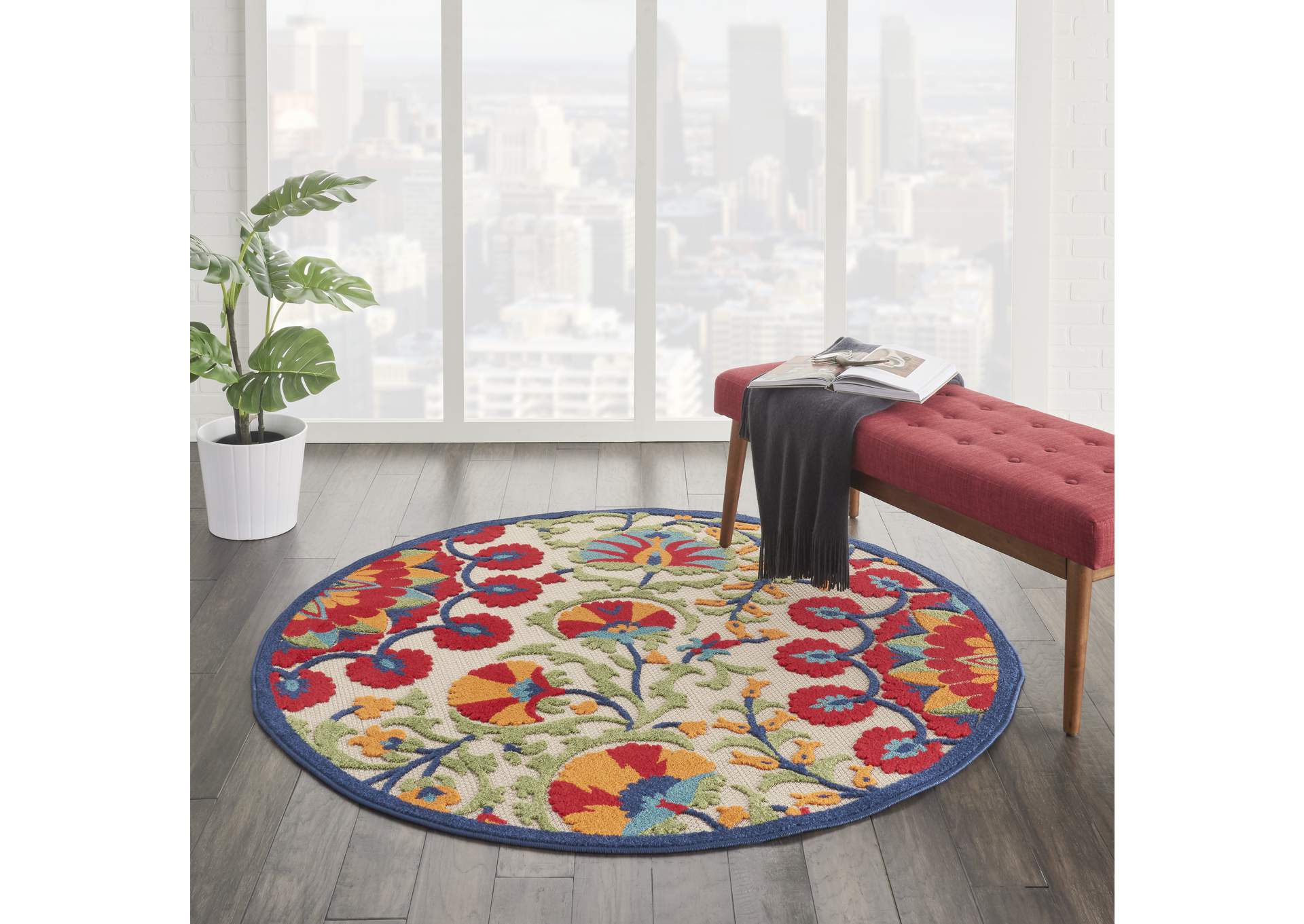 Nourison Aloha ALH20 4' Round Red Multicolor Easy-care Indoor-outdoor Rug,Nourison