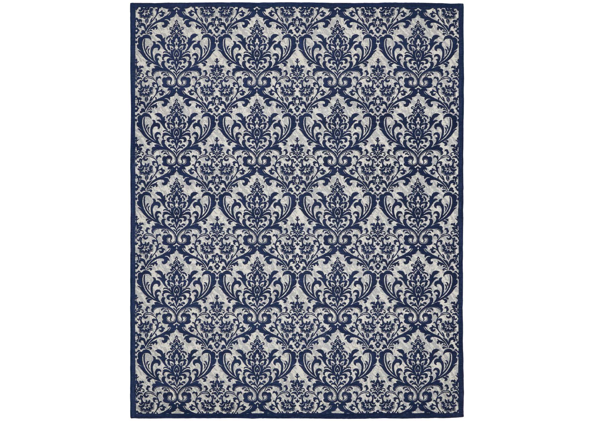Nourison Damask DAS02 Dark Blue and White 8'x10' Large Flat Rug,Nourison