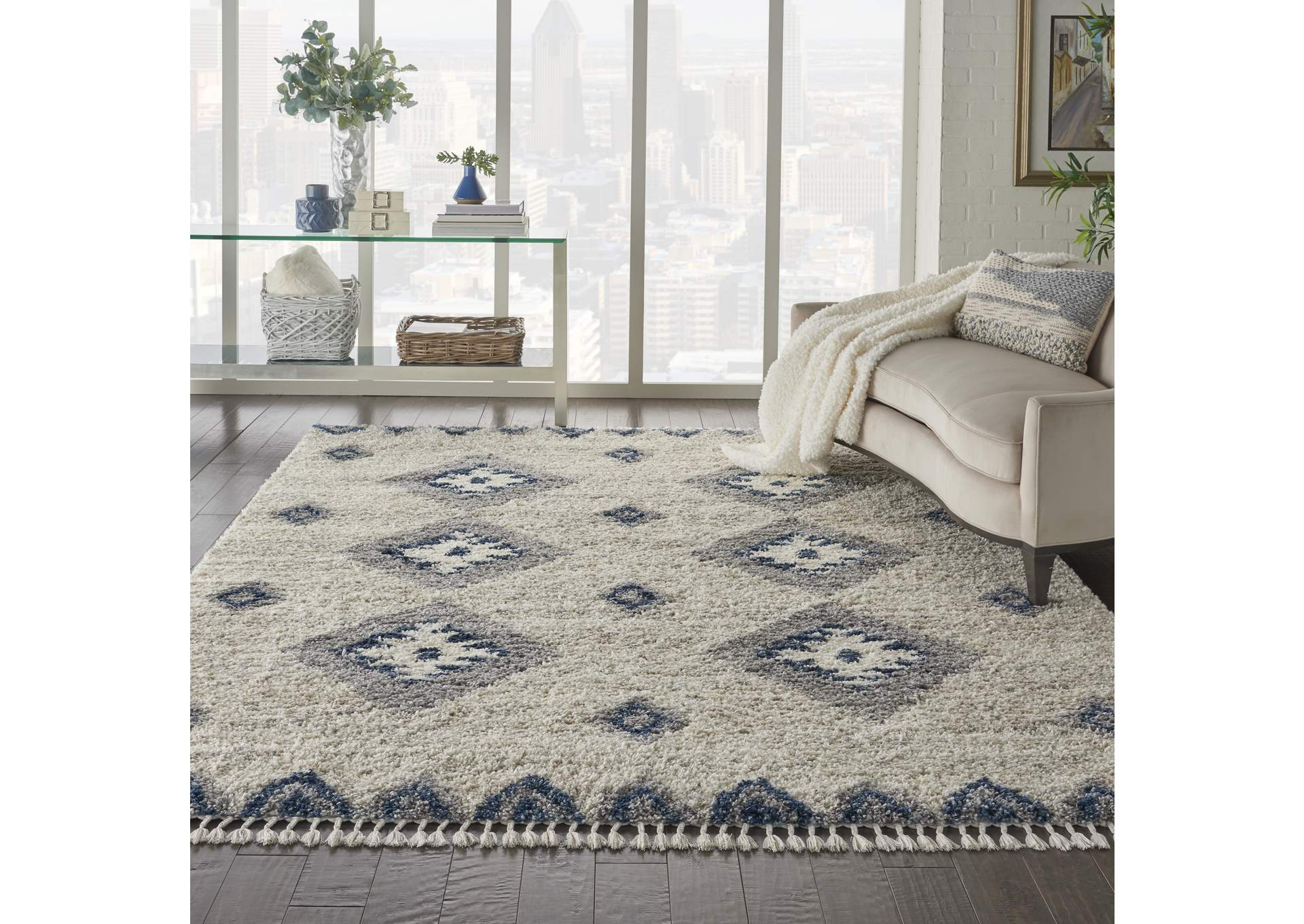 Nourison Oslo Shag OSL03 9'x12' Oversized Ivory and Blue Scandinavian Shag Rug,Nourison