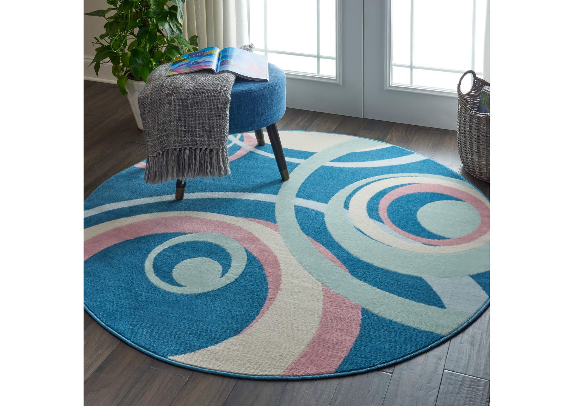 Nourison Grafix GRF21 Blue and Pink 5' Round Mid-century Area Rug,Nourison