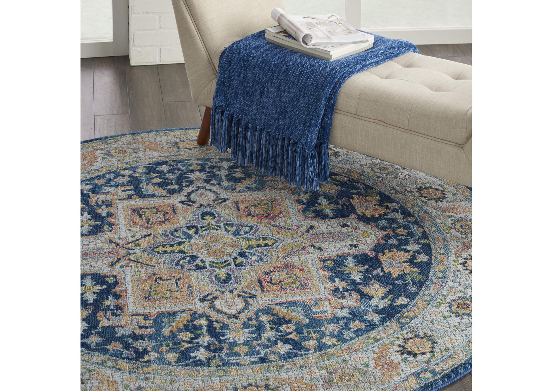 Nourison Ankara Global ANR11 Blue and Red Multicolor 6' Round Persian Area Rug,Nourison