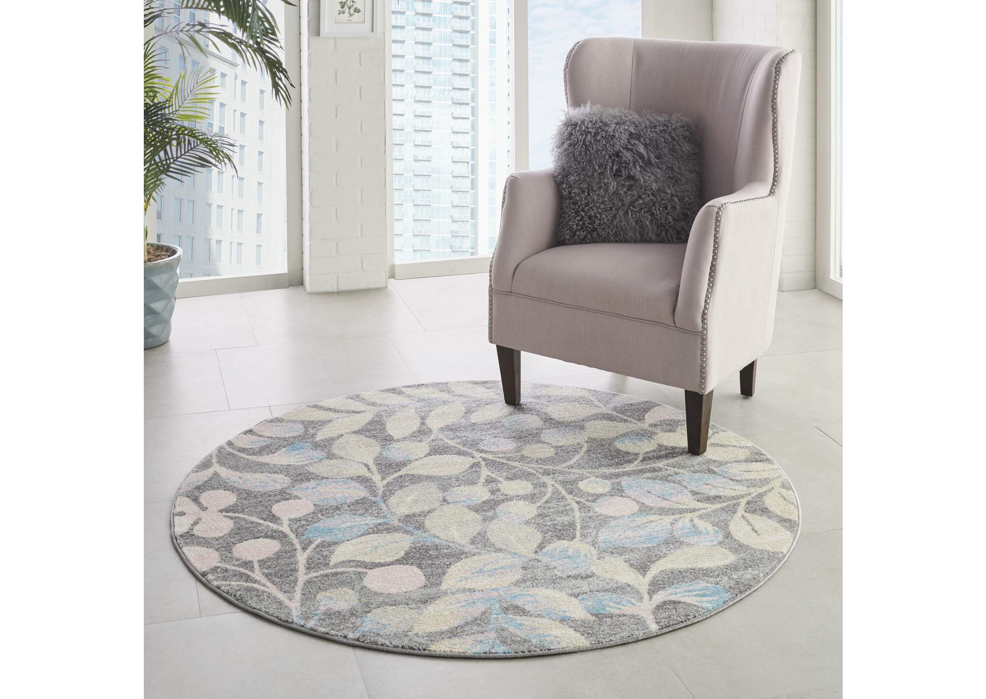 Nourison Tranquil TRA03 Beige and Grey 5' Round Botanical Area Rug,Nourison
