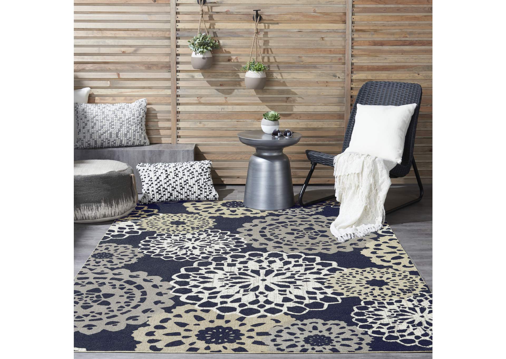 Waverly Sun N Shade SND72 Navy Black and Grey 5'x8' Ornate Medallion Area Rug,Nourison