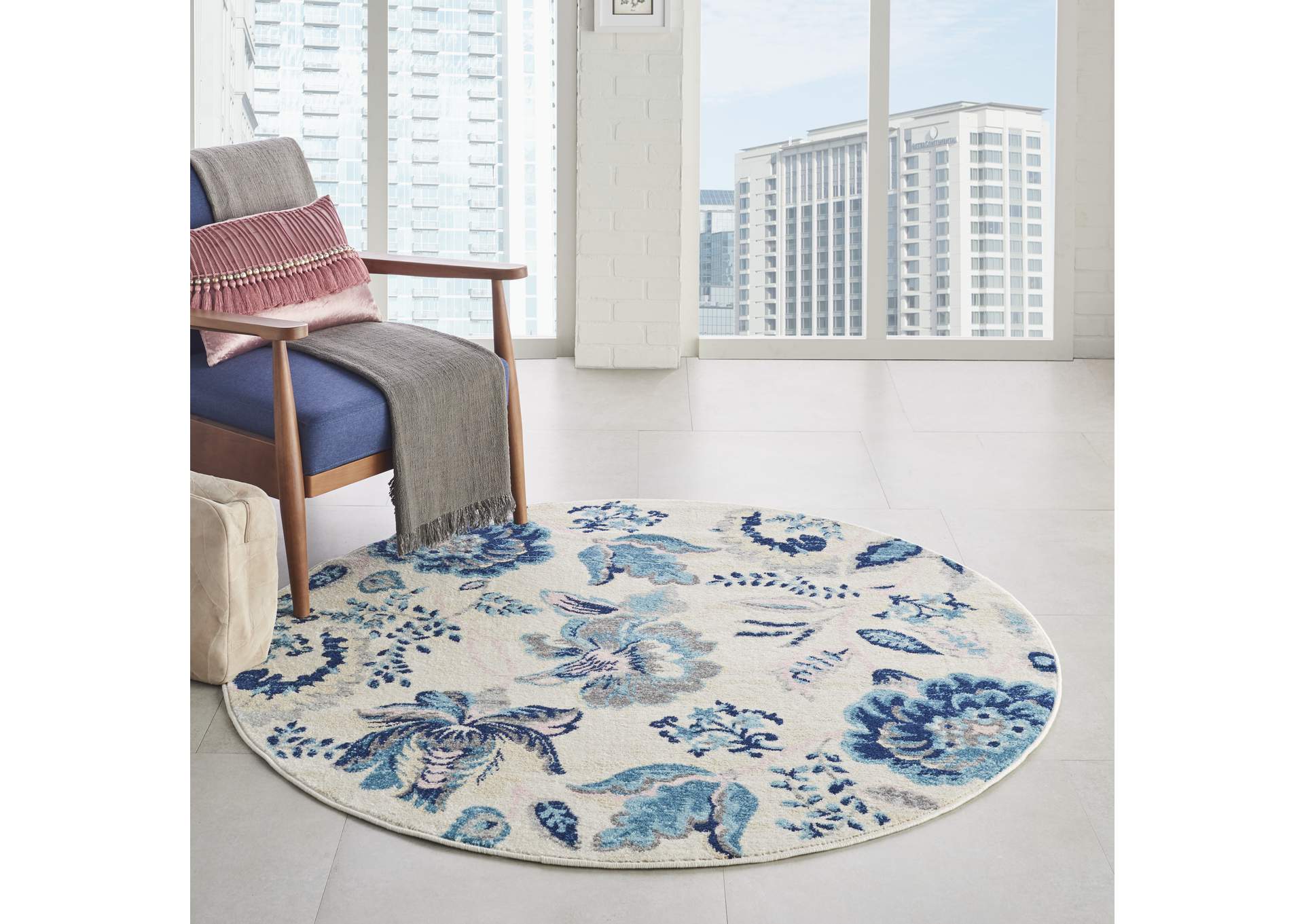 Nourison Tranquil TRA02 Blue and White 5' Round French Country Area Rug,Nourison