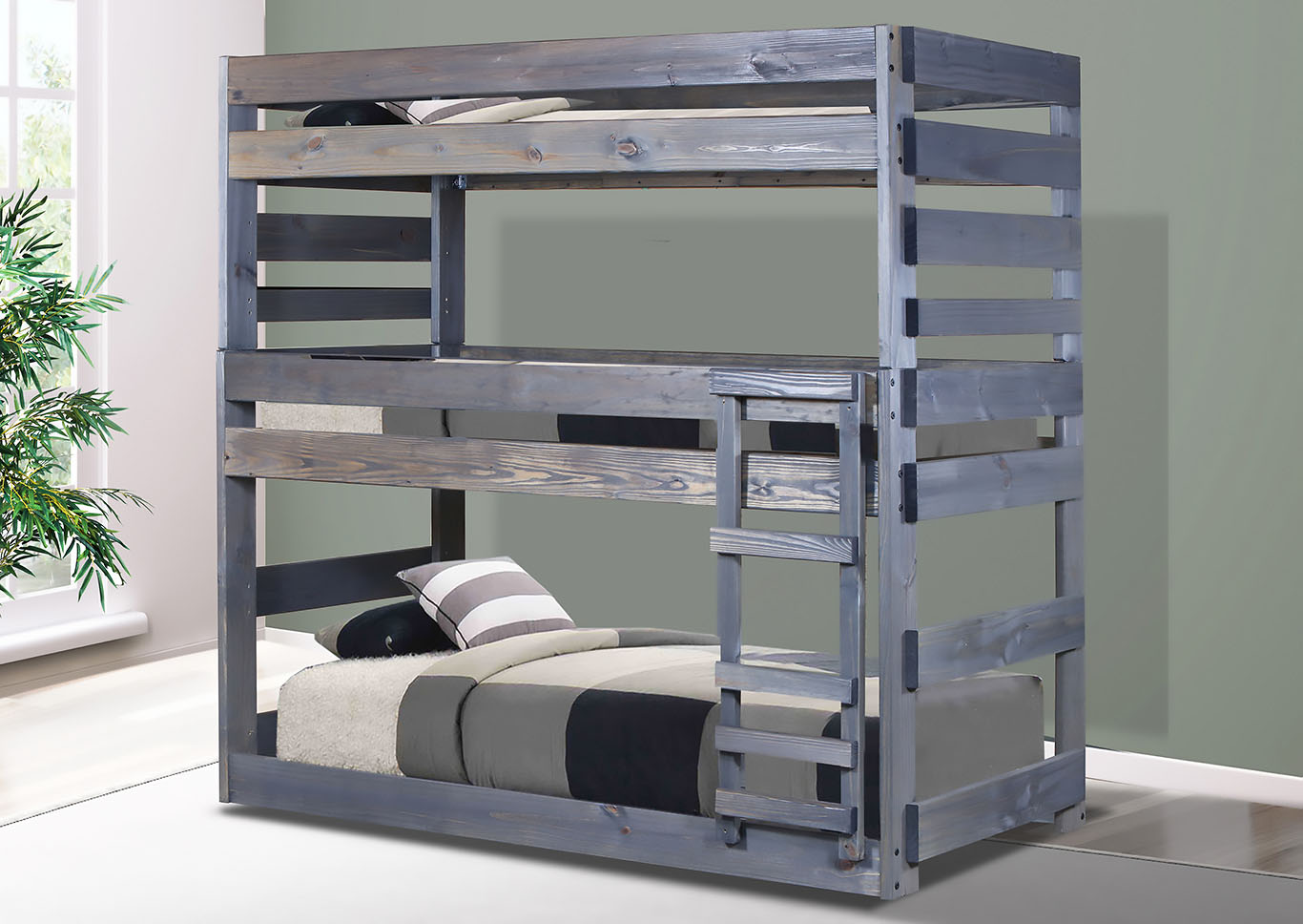 Walnut Finish Twin Bottom Bunk Bed Only w/Queen Rails,Pine Crafter Furniture