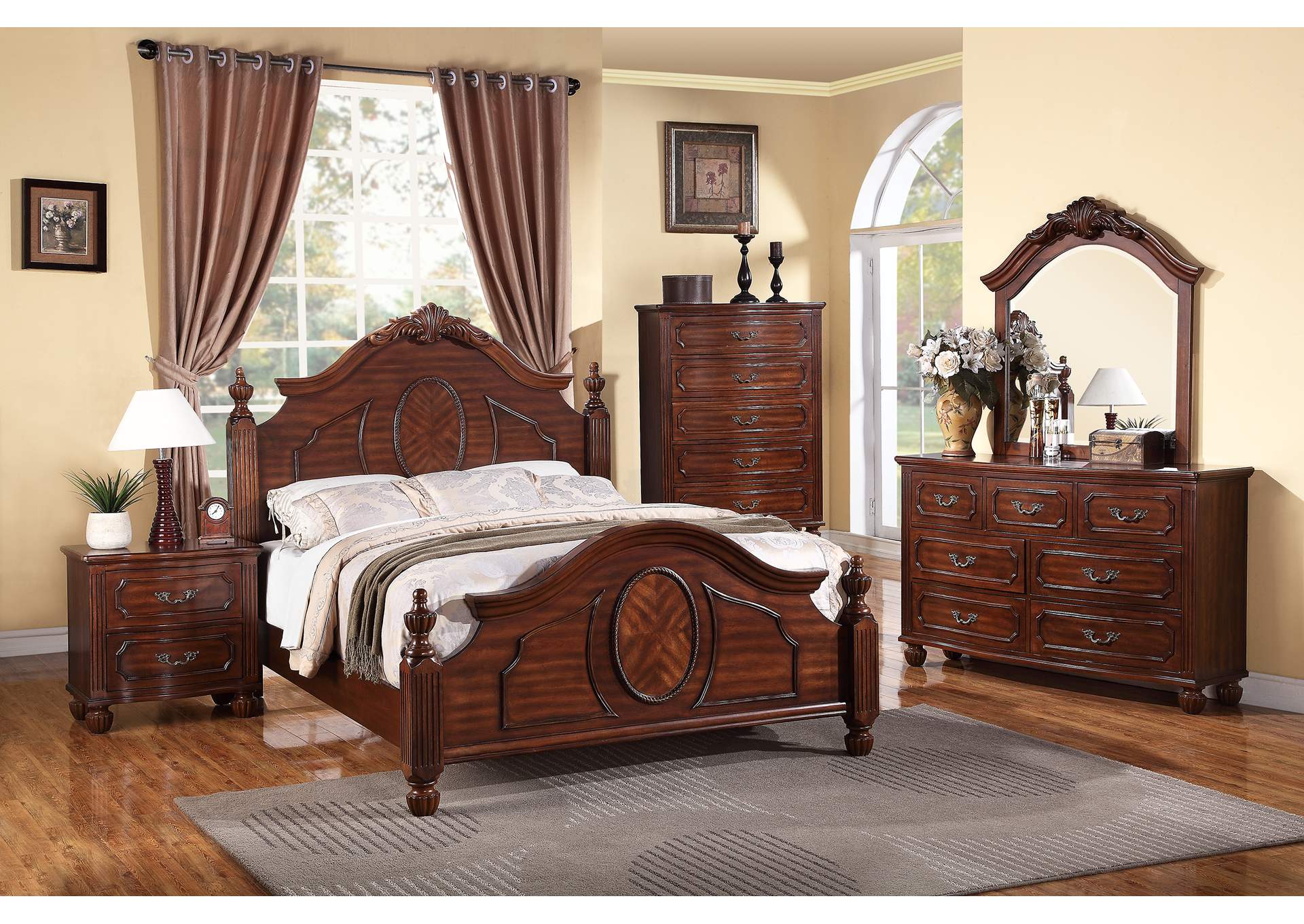 Cherry Eastern King Bed w/Dresser and Mirror,Poundex