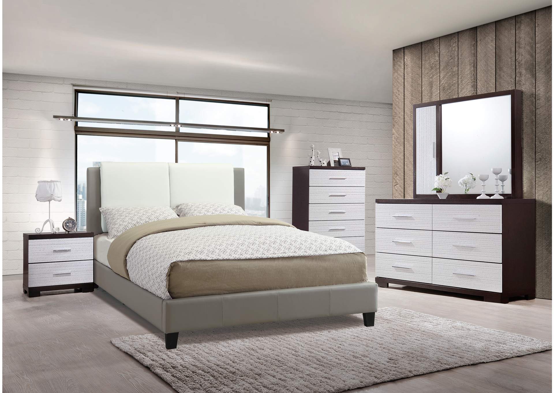 White/Grey Queen Bed w/Dresser and Mirror,Poundex