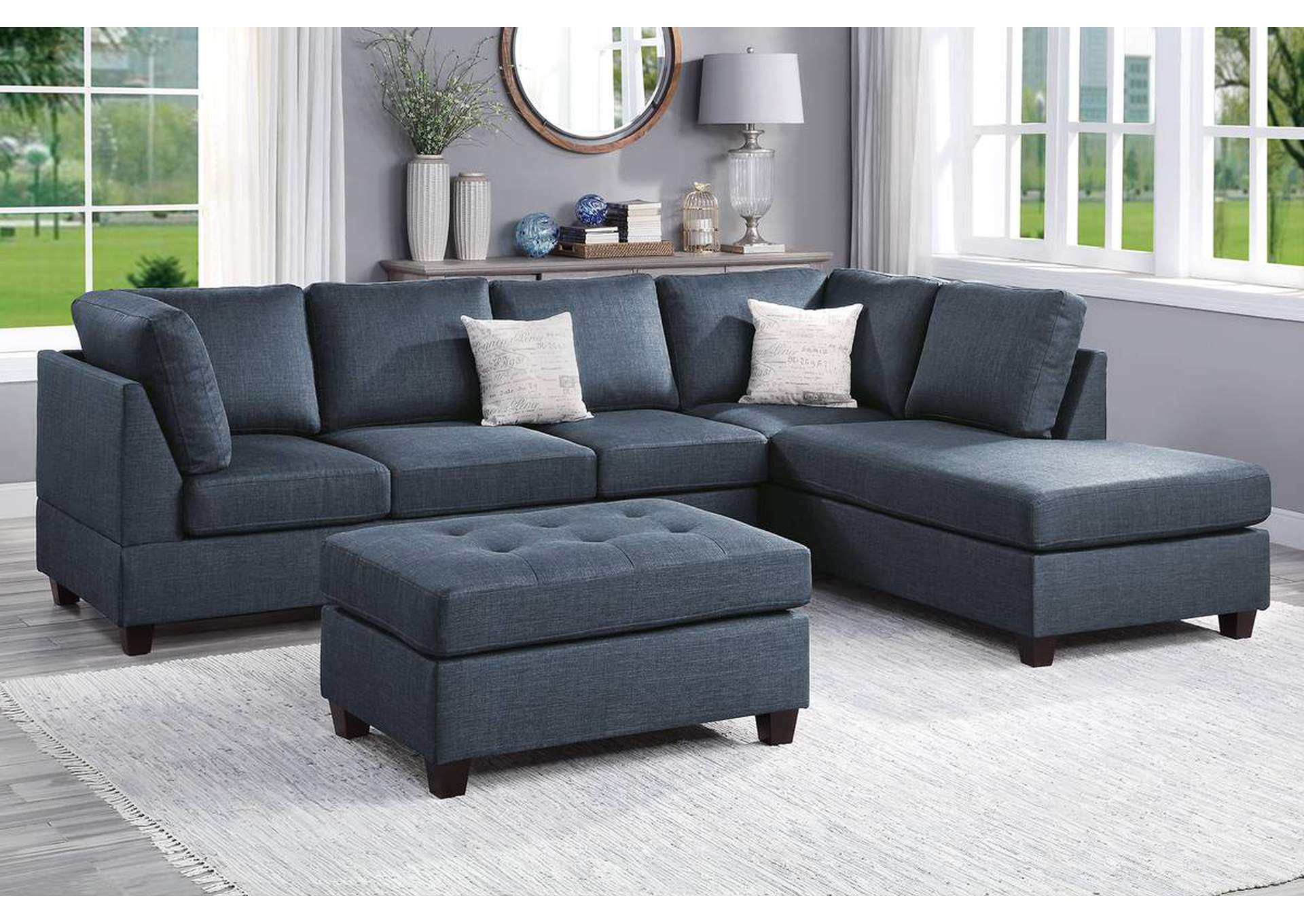 3-PC SECTIONAL SET DARK BLUE DORRIS FABRIC,Poundex