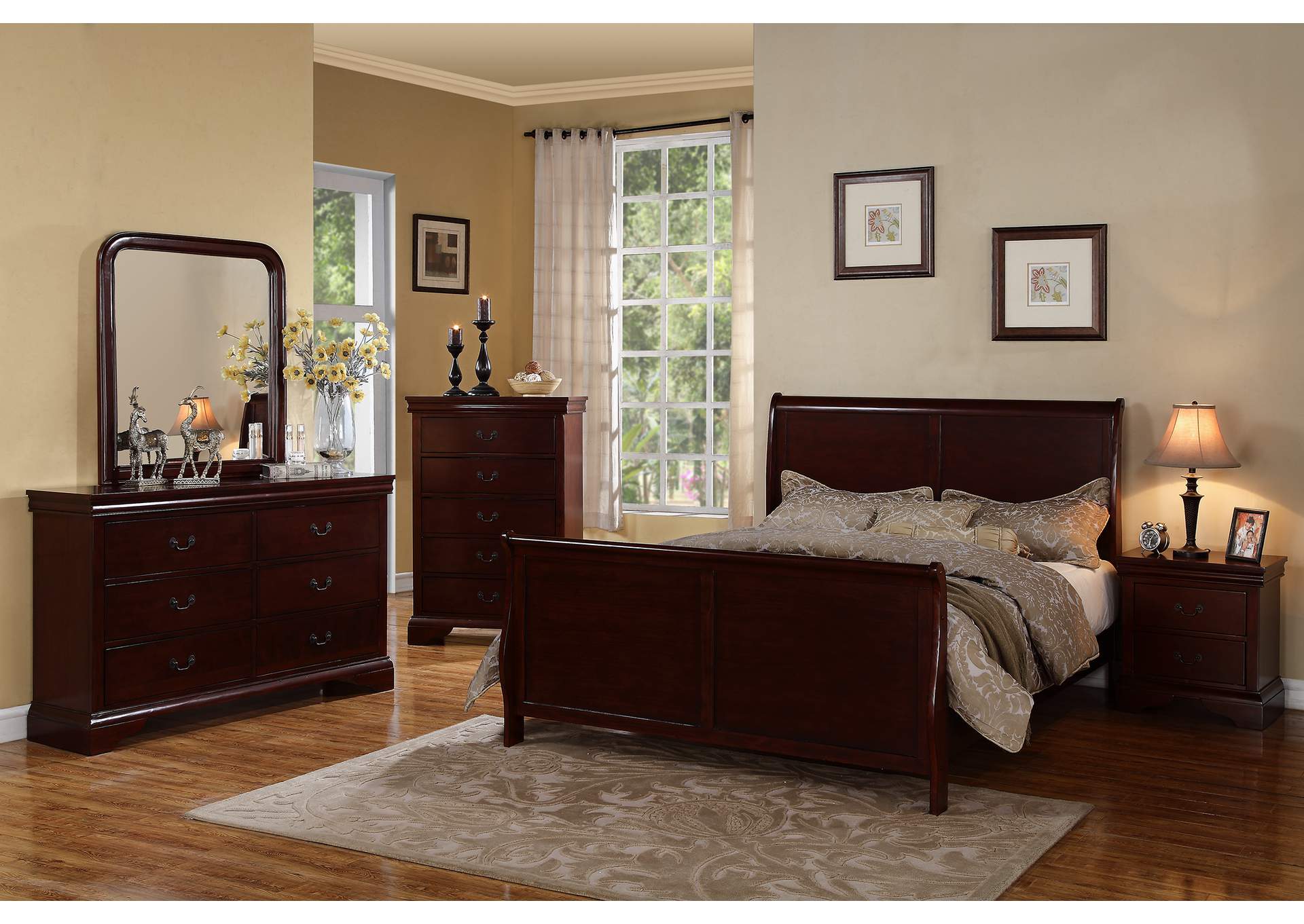 Cherry Eastern King Bed w/Dresser and Mirror,Poundex