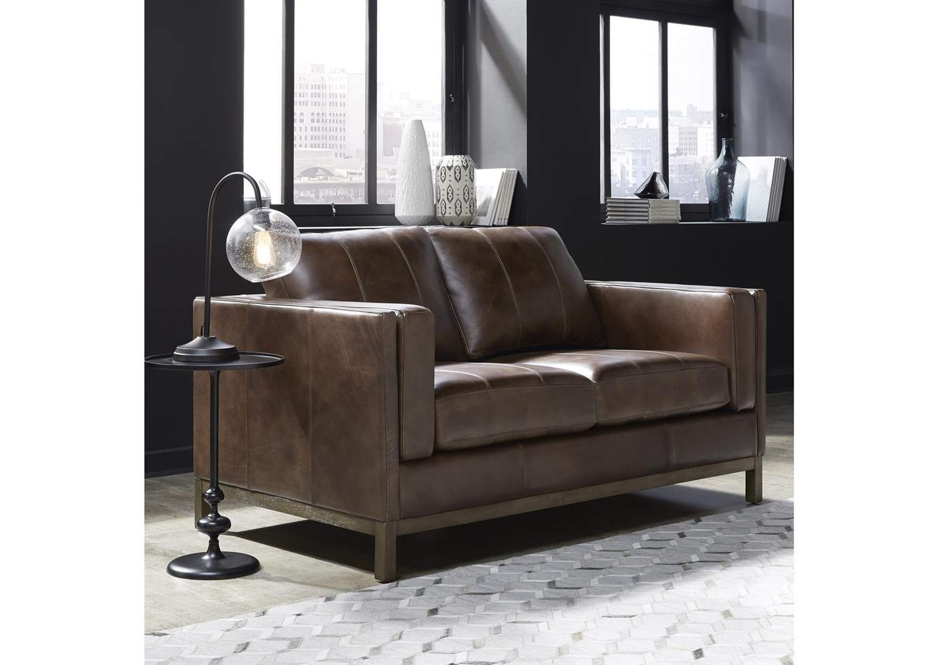 Drake Brown Leather Loveseat with Wooden Base,Pulaski Furniture