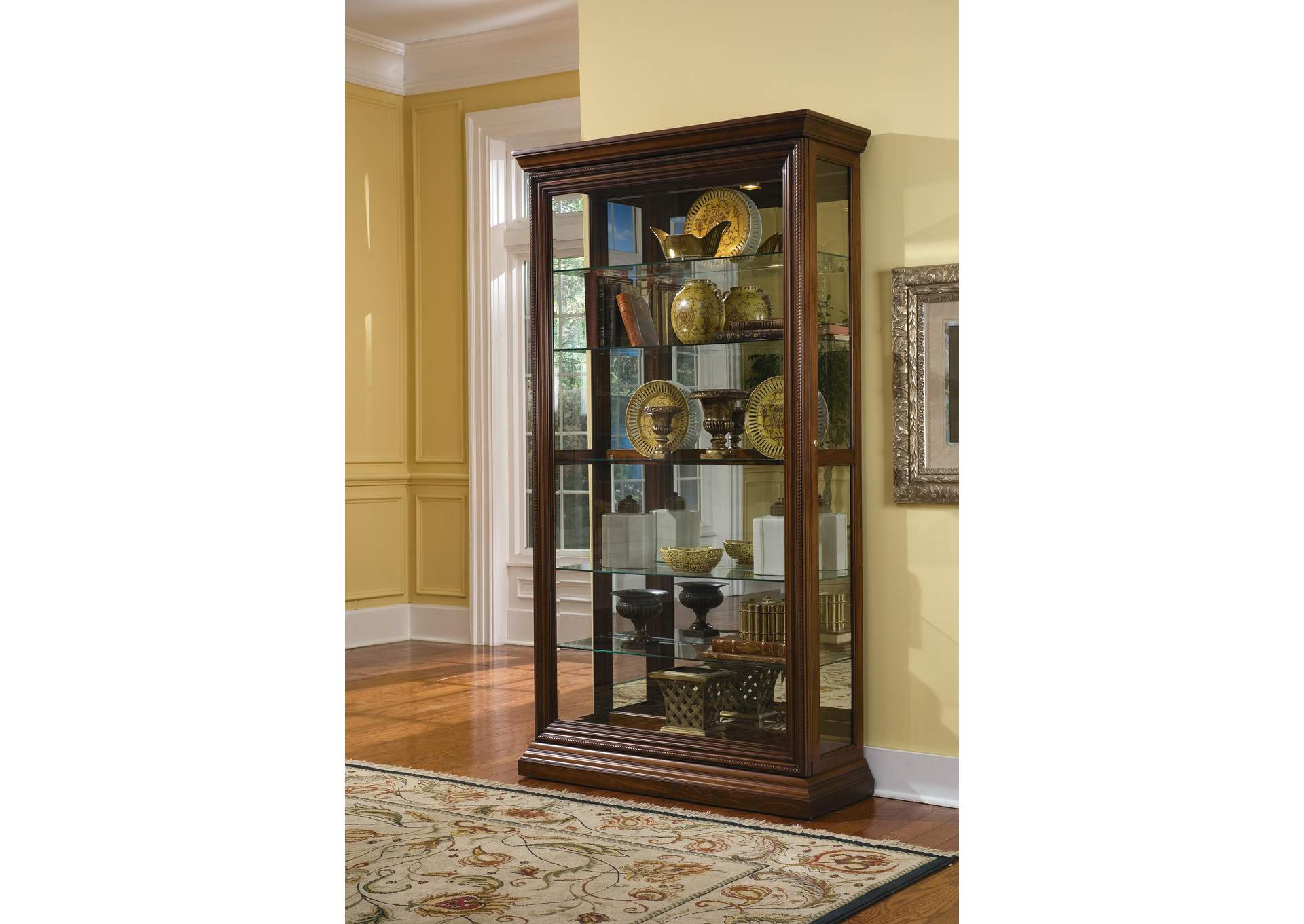 Edwardian 5 Shelf Sliding Door Curio Cabinet in Oak Brown,Pulaski Furniture