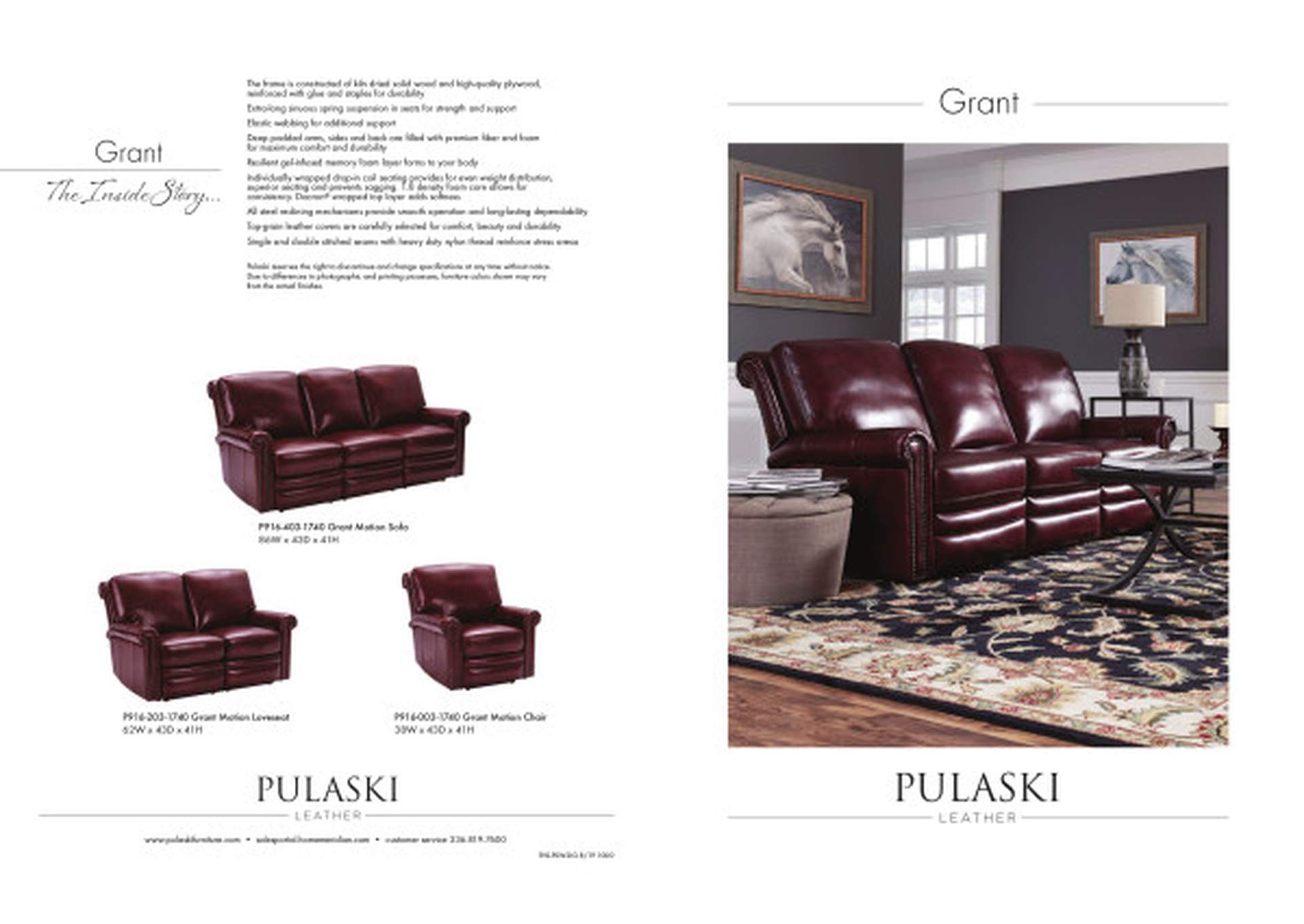 Grant Leather Power Reclining Loveseat in Merlot Red,Pulaski Furniture