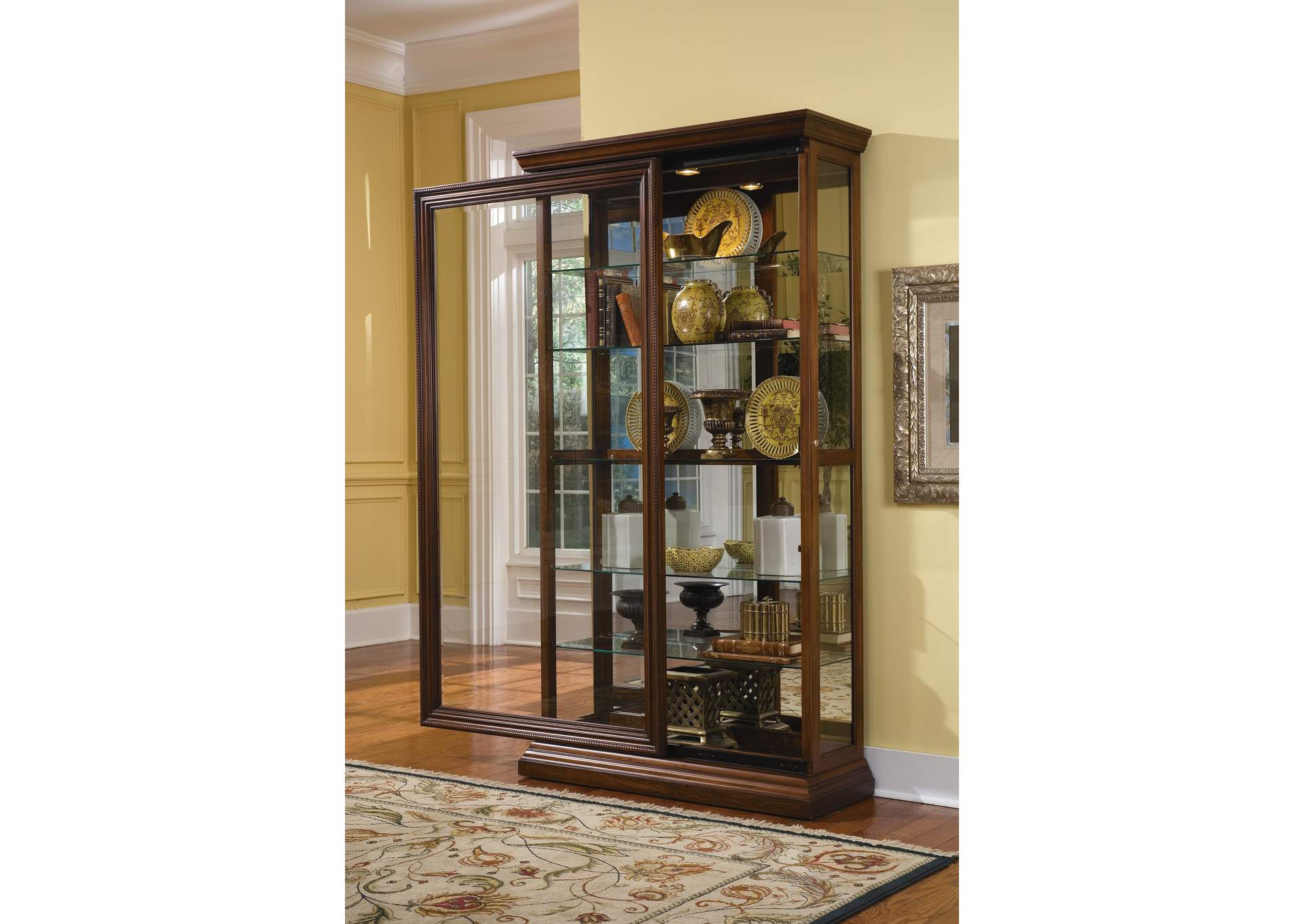 Edwardian 5 Shelf Sliding Door Curio Cabinet in Oak Brown,Pulaski Furniture