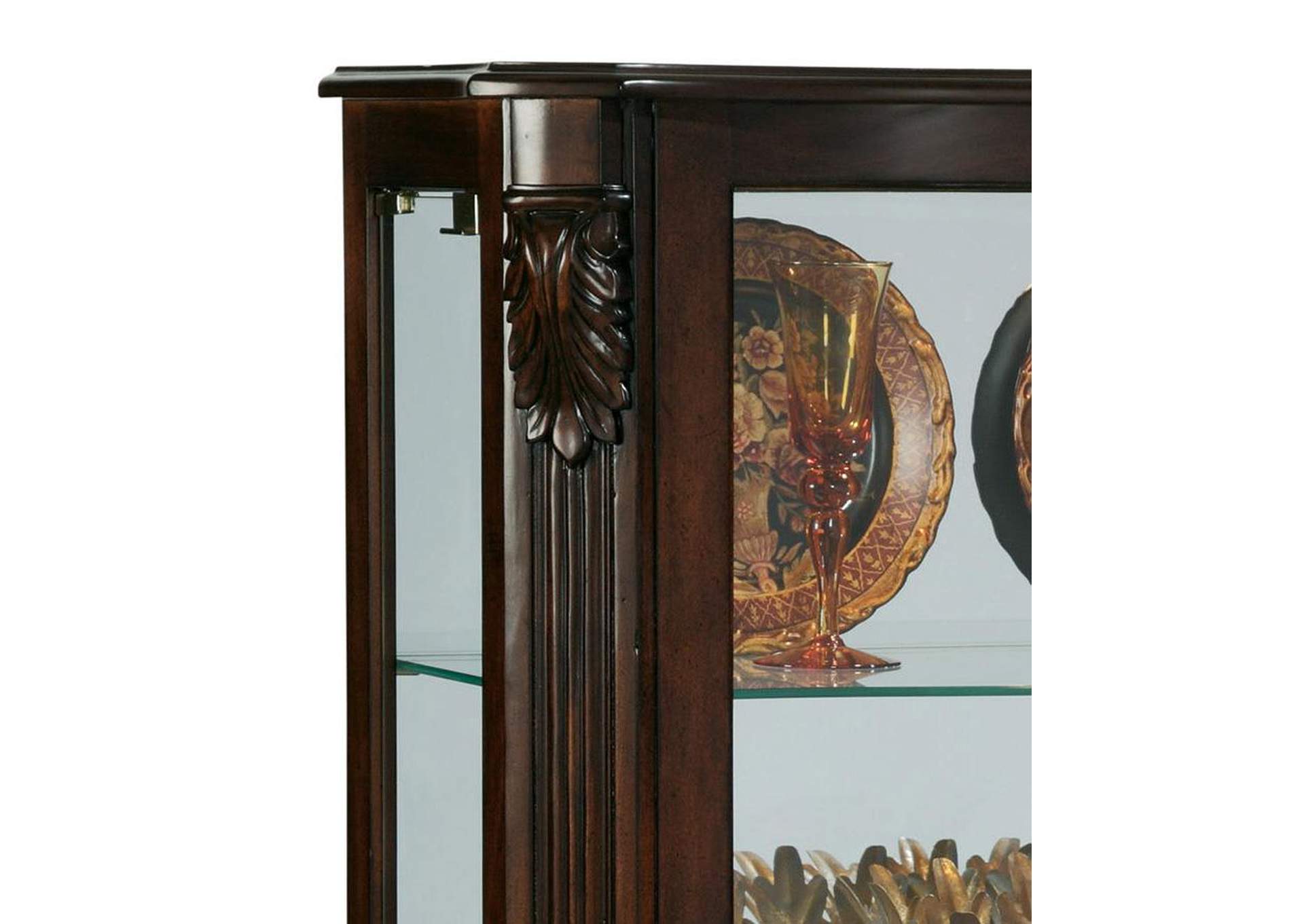 Distinguished Carved 3 Shelf Curio Cabinet in Cherry Brown,Pulaski Furniture