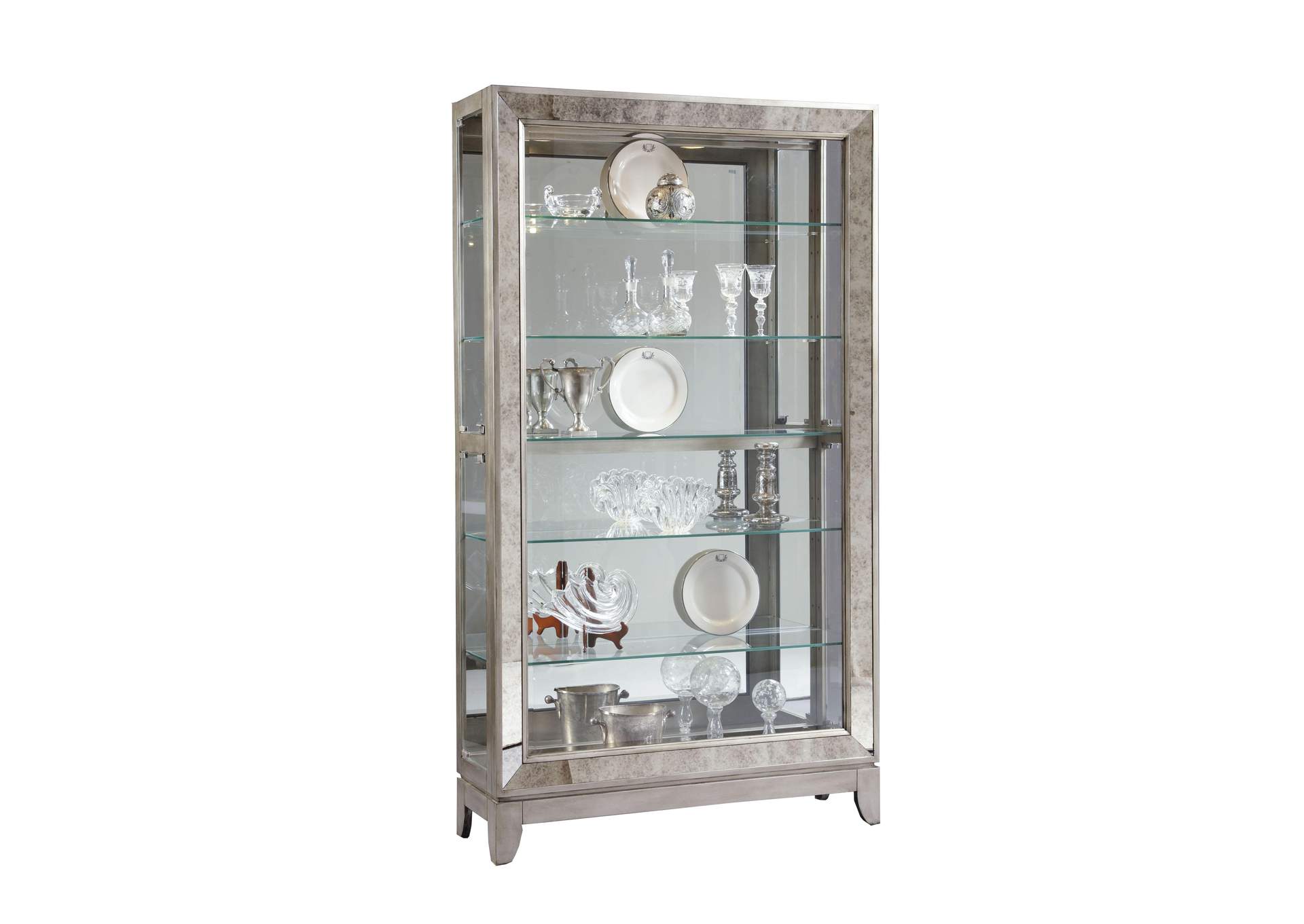 Antique Style 5 Shelf Mirrored Curio Cabinet in Aged Silver,Pulaski Furniture
