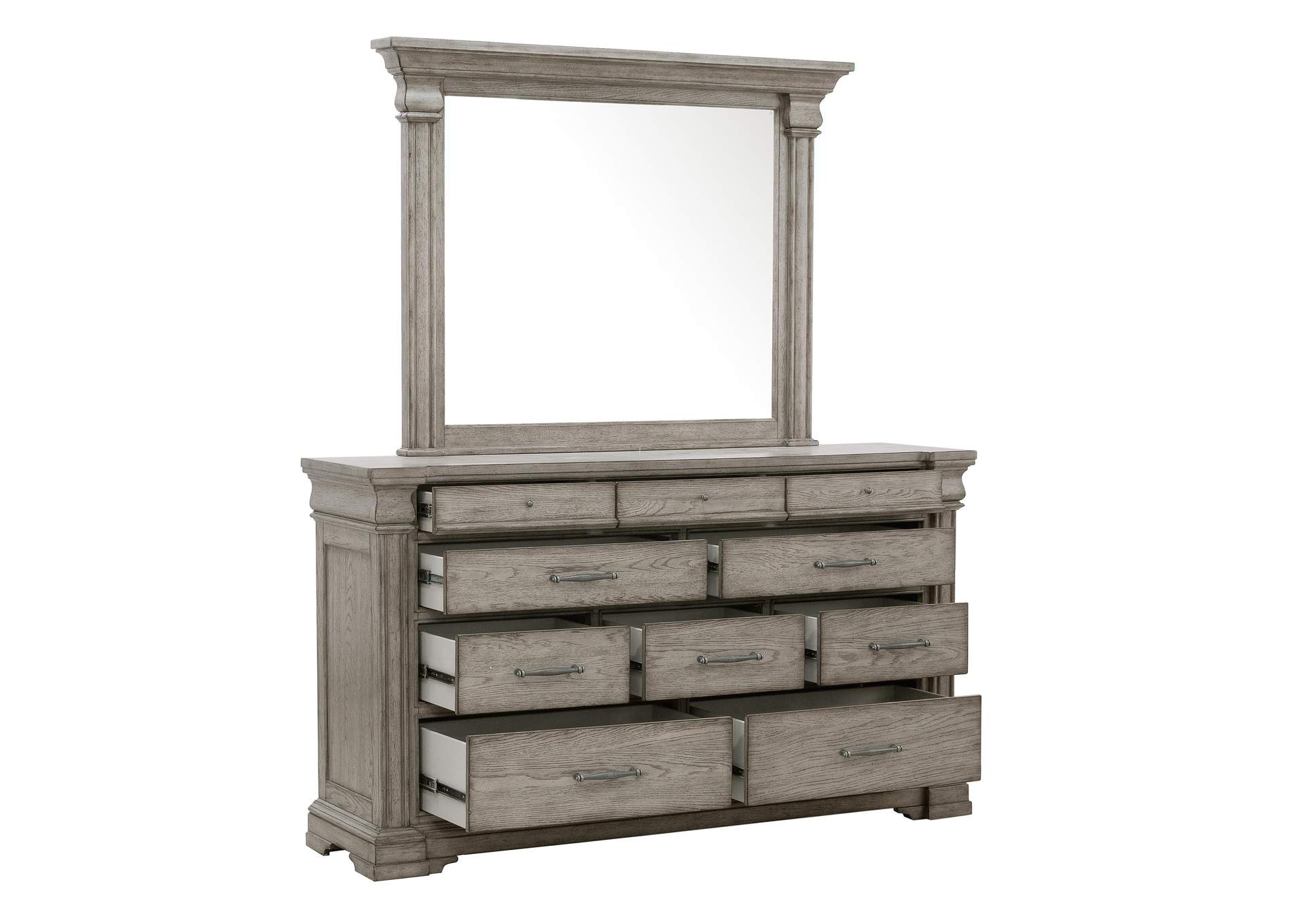 Madison Ridge 10 Drawer Dresser and Framed Mirror in Heritage Taupe,Pulaski Furniture