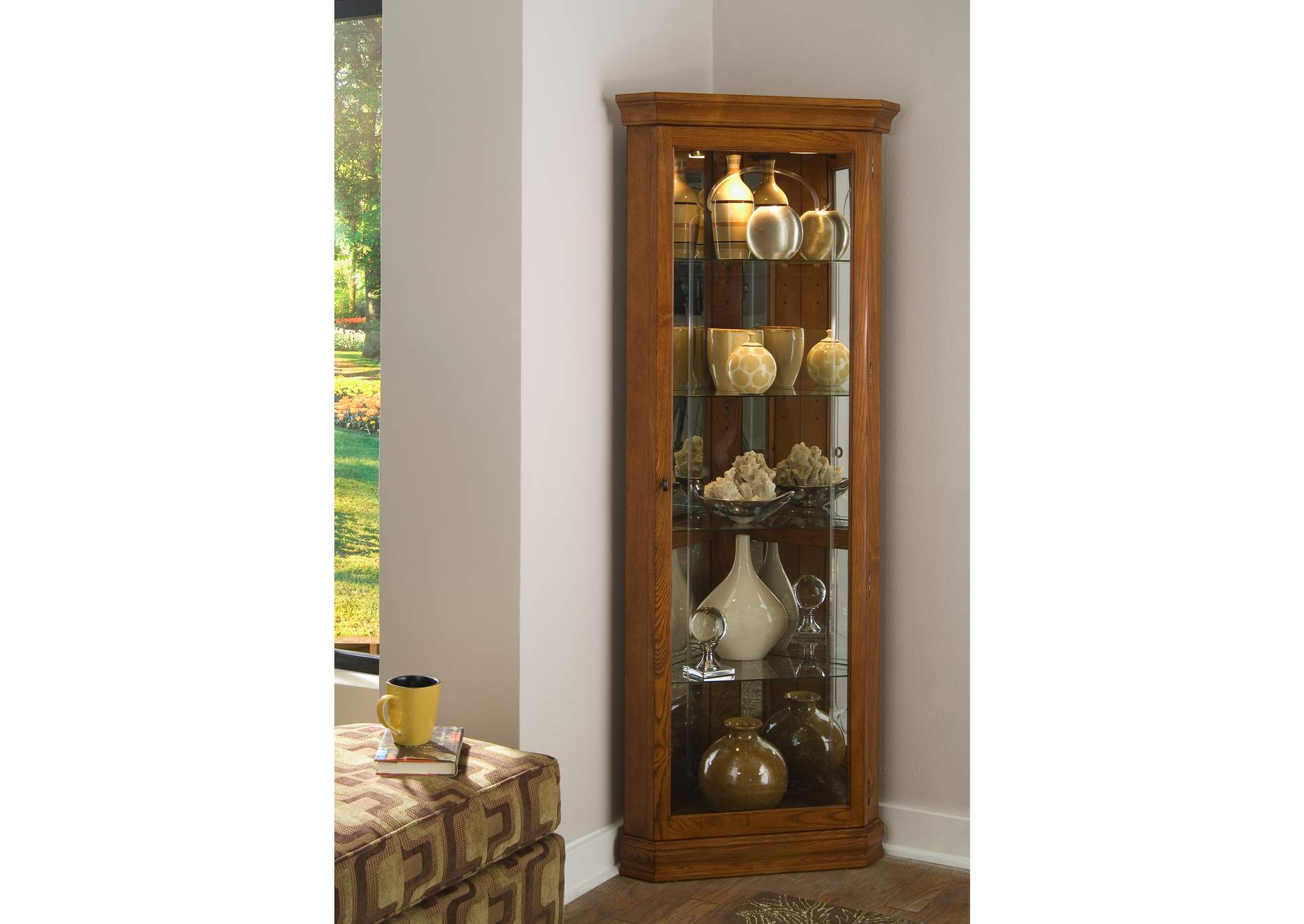 Mirrored 4 Shelf Corner Curio Cabinet in Golden Oak Brown,Pulaski Furniture