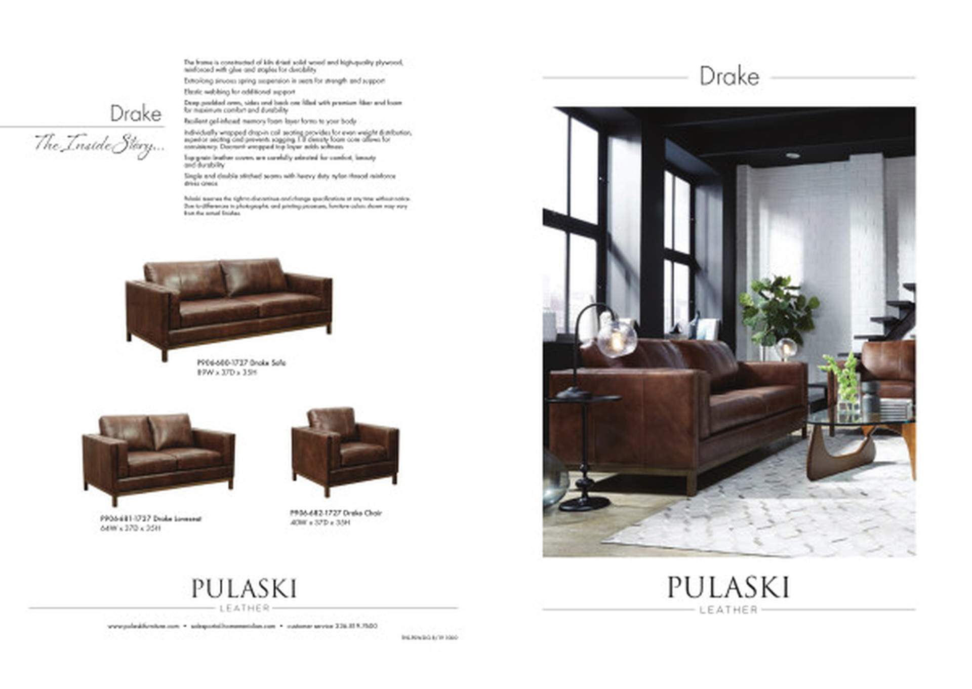Drake Brown Leather Loveseat with Wooden Base,Pulaski Furniture
