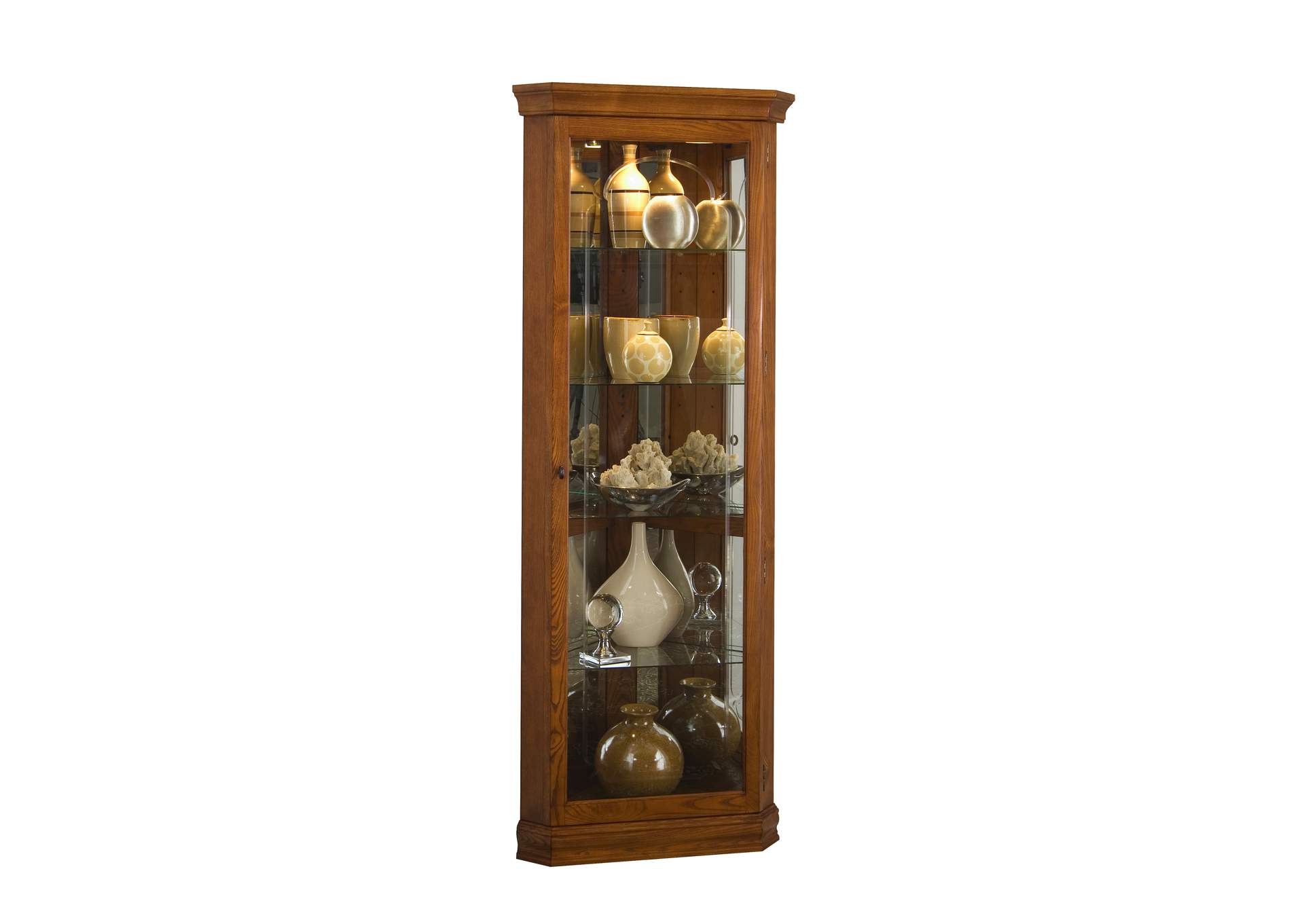 Mirrored 4 Shelf Corner Curio Cabinet in Golden Oak Brown,Pulaski Furniture
