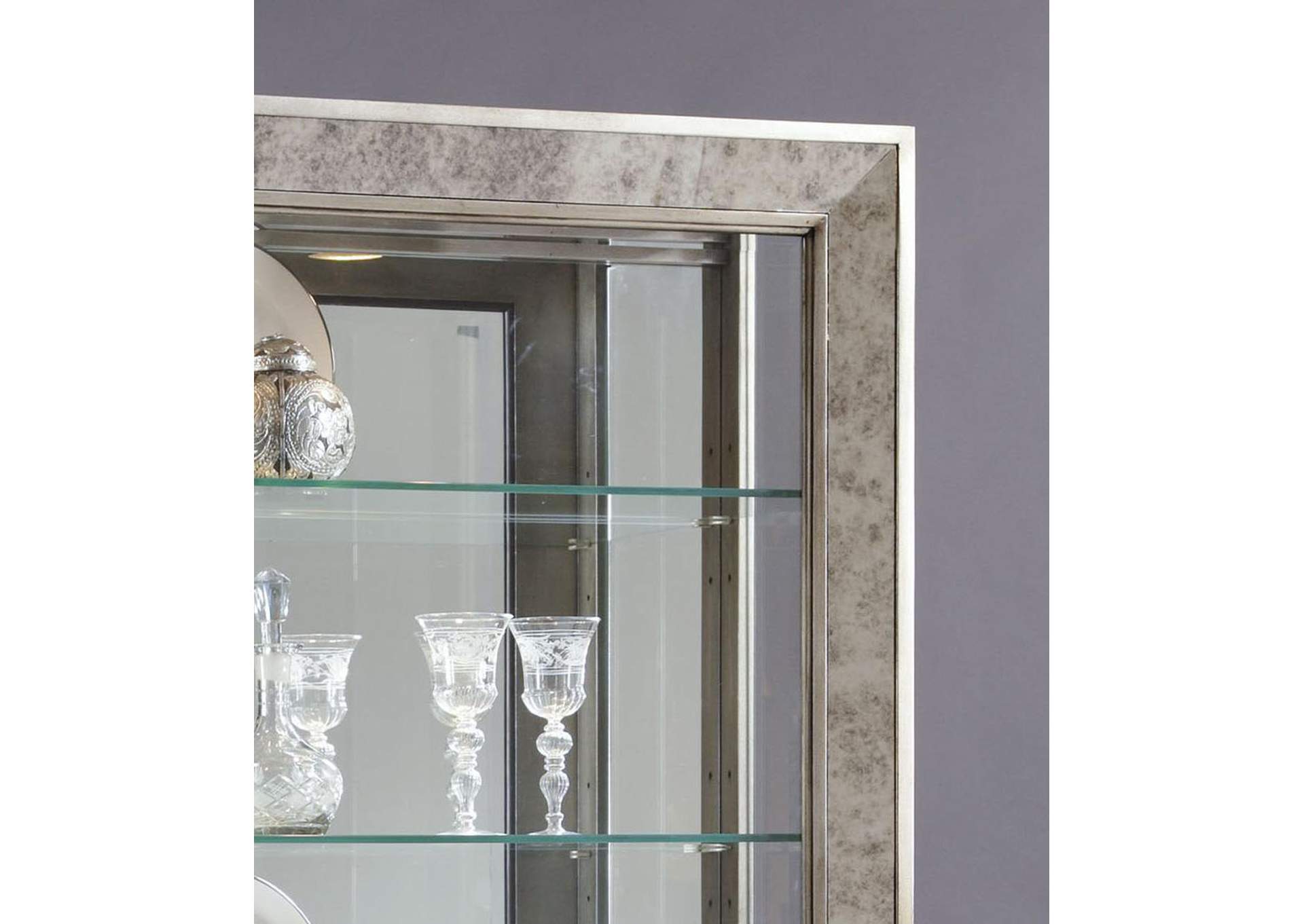 Antique Style 5 Shelf Mirrored Curio Cabinet in Aged Silver,Pulaski Furniture