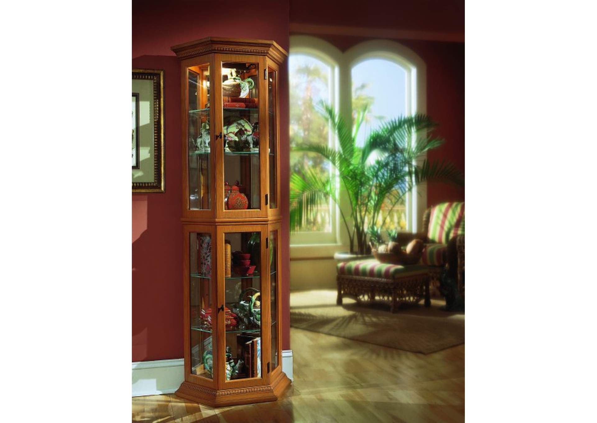 Angled 5 Shelf Mirrored Curio in Golden Oak Brown,Pulaski Furniture