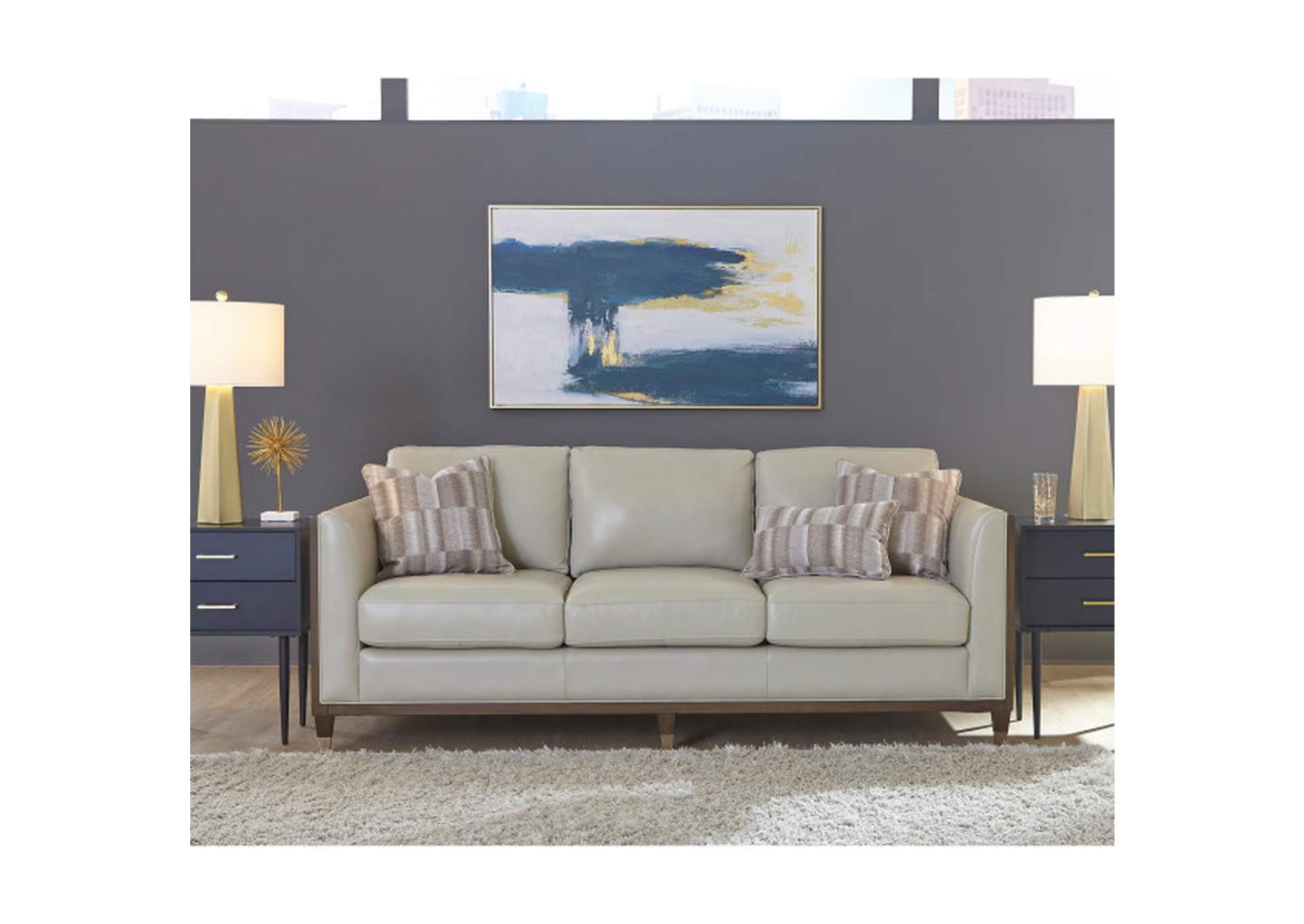 Addison Leather Sofa With Wooden Base in Frost Grey,Pulaski Furniture