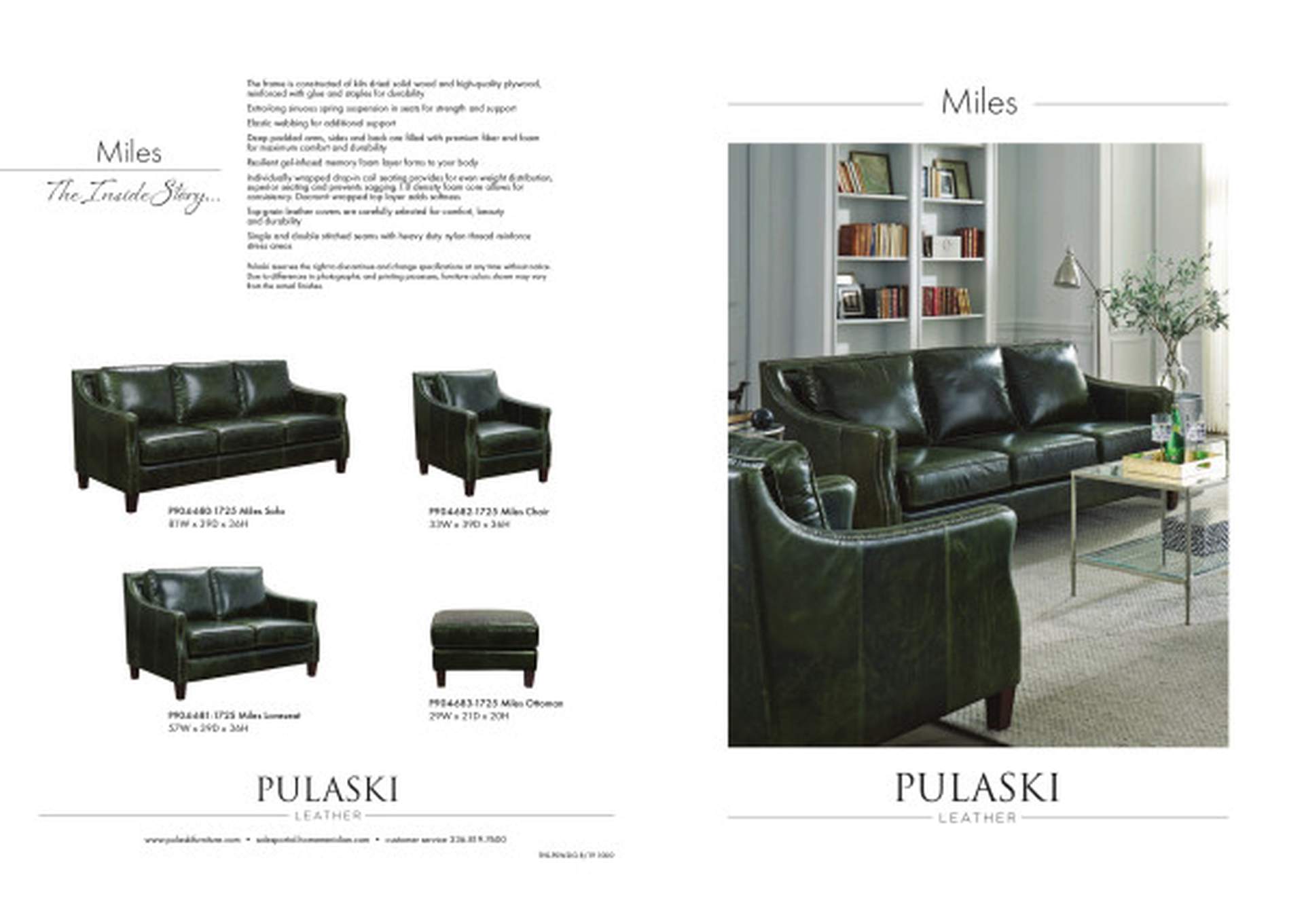 Miles Leather Loveseat in Fescue Green,Pulaski Furniture