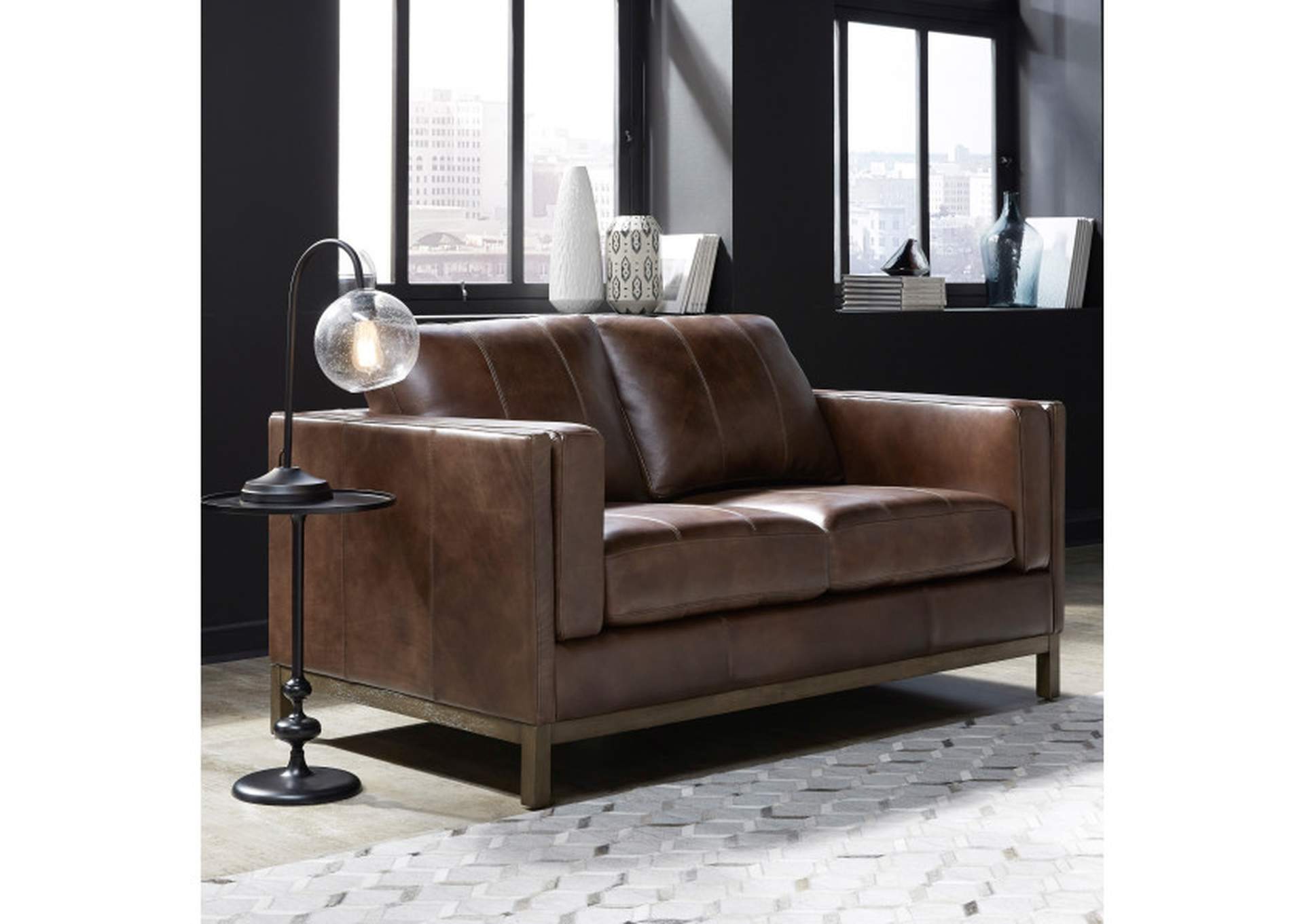 Drake Brown Leather Loveseat with Wooden Base,Pulaski Furniture