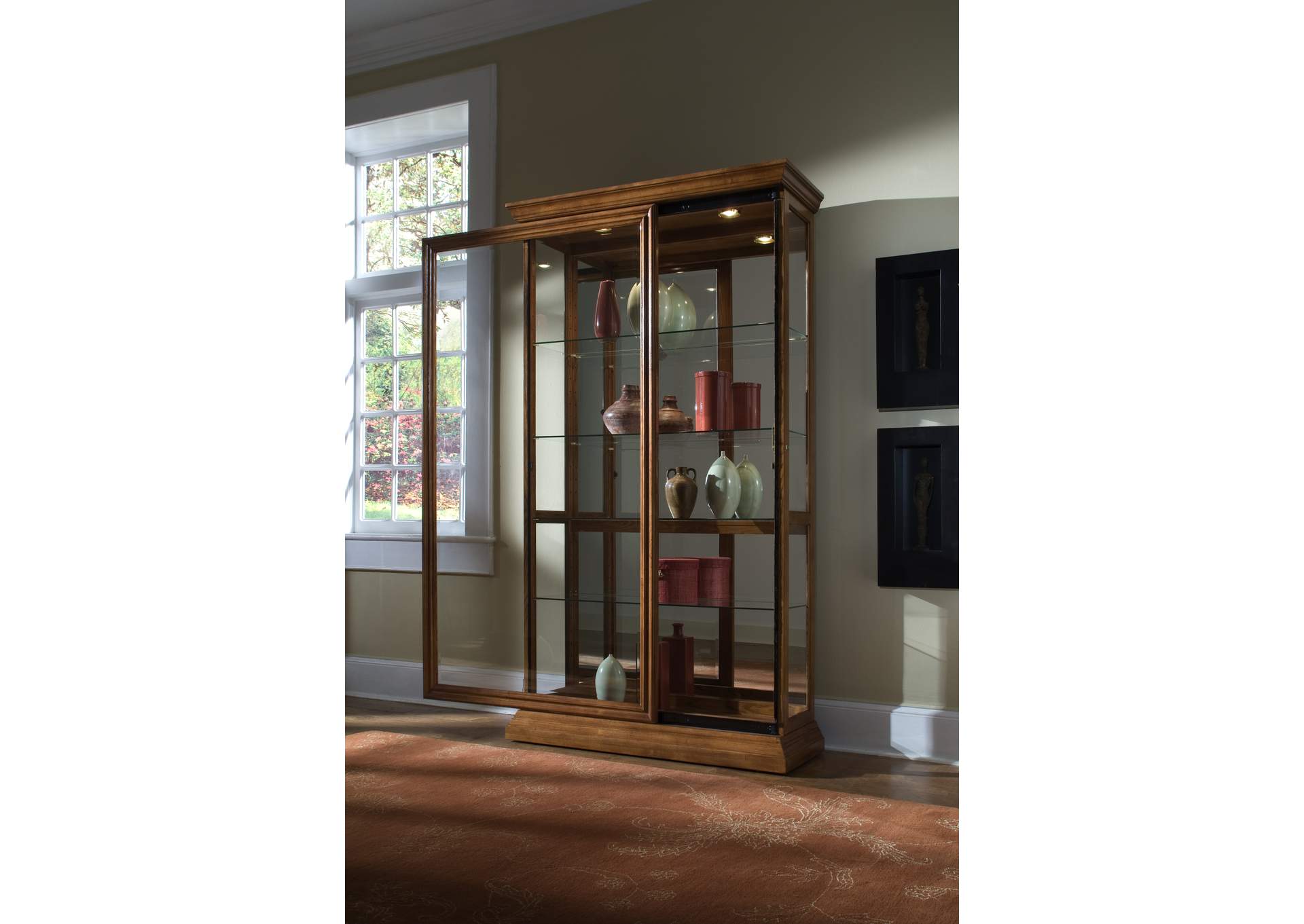 Lighted Sliding Door 4 Shelf Curio Cabinet in Golden Oak Brown,Pulaski Furniture