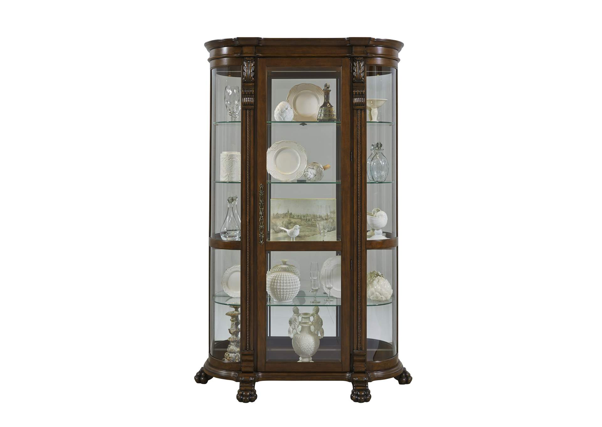 Lighted Curved Front 4 Shelf Curio Cabinet in Maple Brown,Pulaski Furniture