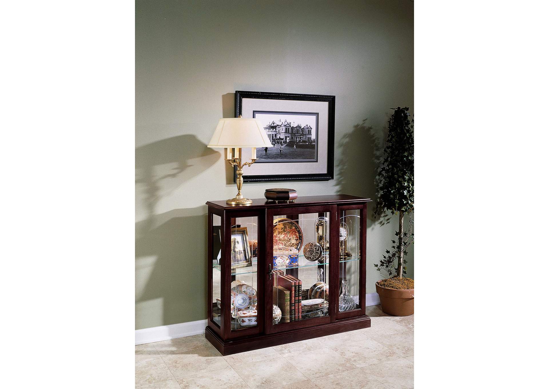 Lighted 1 Shelf Console Display Cabinet in Cherry Brown,Pulaski Furniture