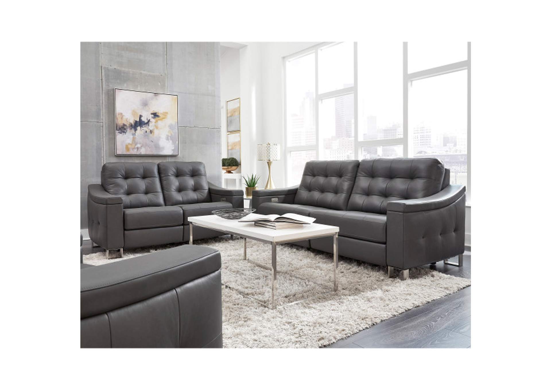 Tufted Leather Power Reclining Loveseat in Storm Gray,Pulaski Furniture