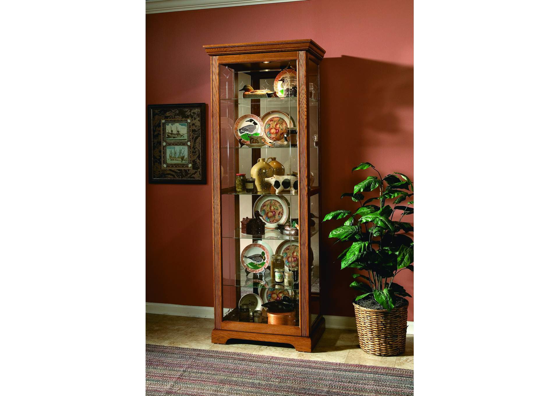 Sliding Door 5 Shelf Curio Cabinet in Golden Oak Brown,Pulaski Furniture