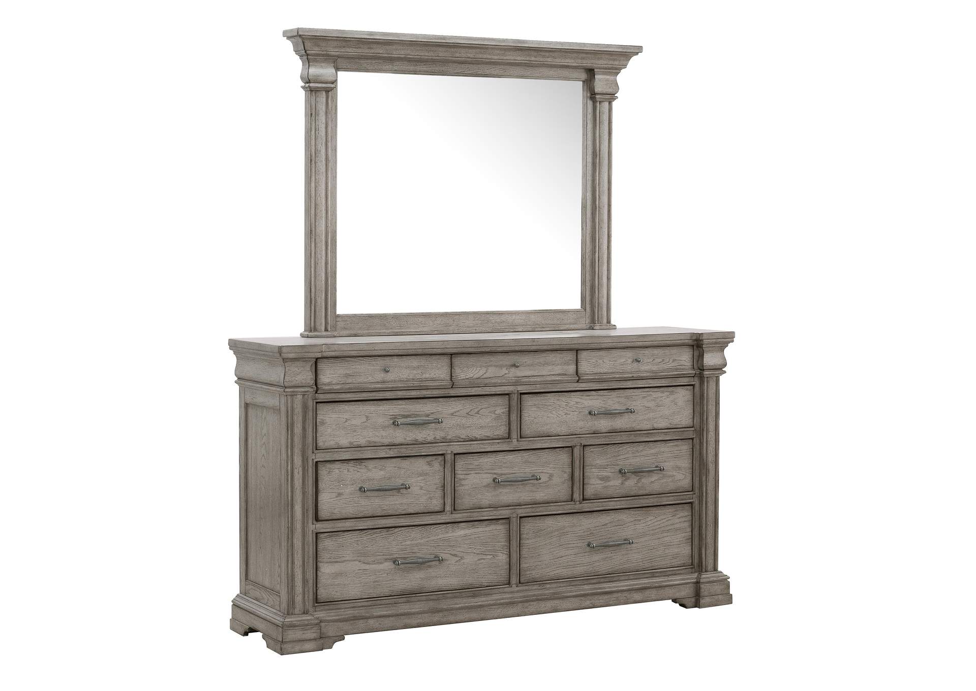 Madison Ridge 10 Drawer Dresser and Framed Mirror in Heritage Taupe,Pulaski Furniture