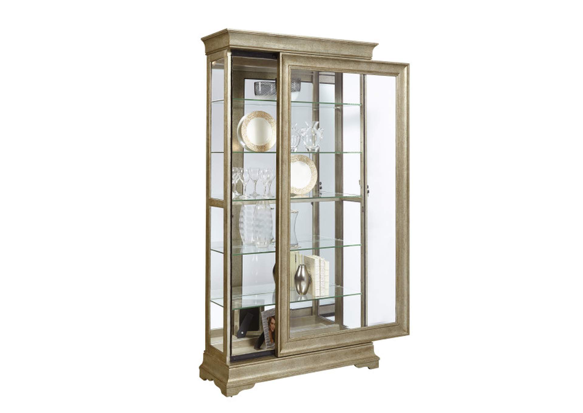 Stately 5 Shelf Sliding Door Curio Cabinet in Aged Silver,Pulaski Furniture