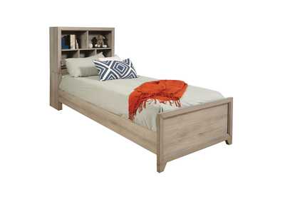 Kids Twin Bed with Bookcase Headboard in River Birch Brown